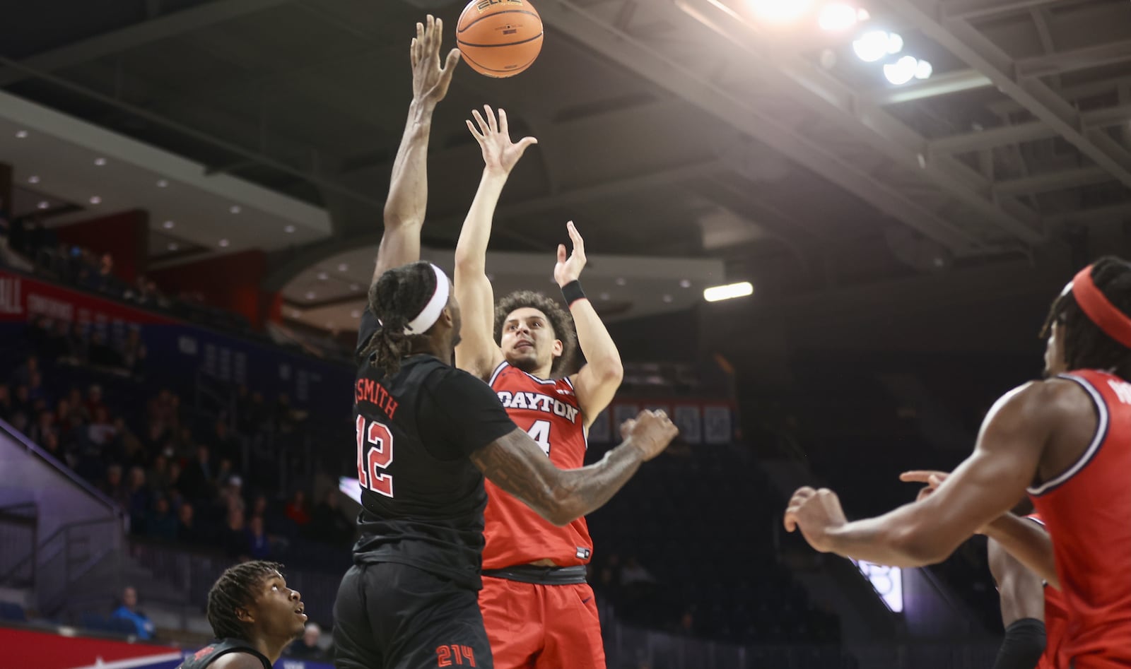 Dayton's Koby Brea scores a go-ahead basket in the final minutes against Southern Methodist on Wednesday, Nov. 29, 2023, at Moody Coliseum in Dallas, Texas. David Jablonski/Staff