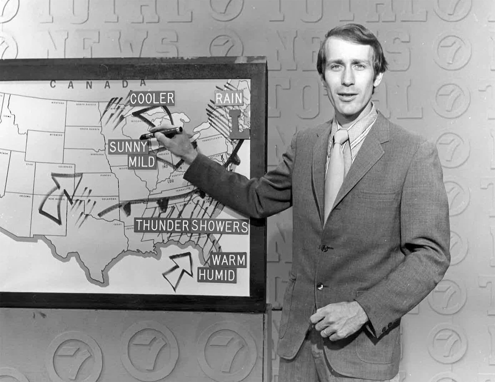 Gil Whitney, a weather specialist for WHIO-TV, is credited with saving lives during the 1974 Xenia when he spotted a hook echo shape on radar signifying a tornado and broke into programming warning residents to take cover. PHOTO: WHIO-TV