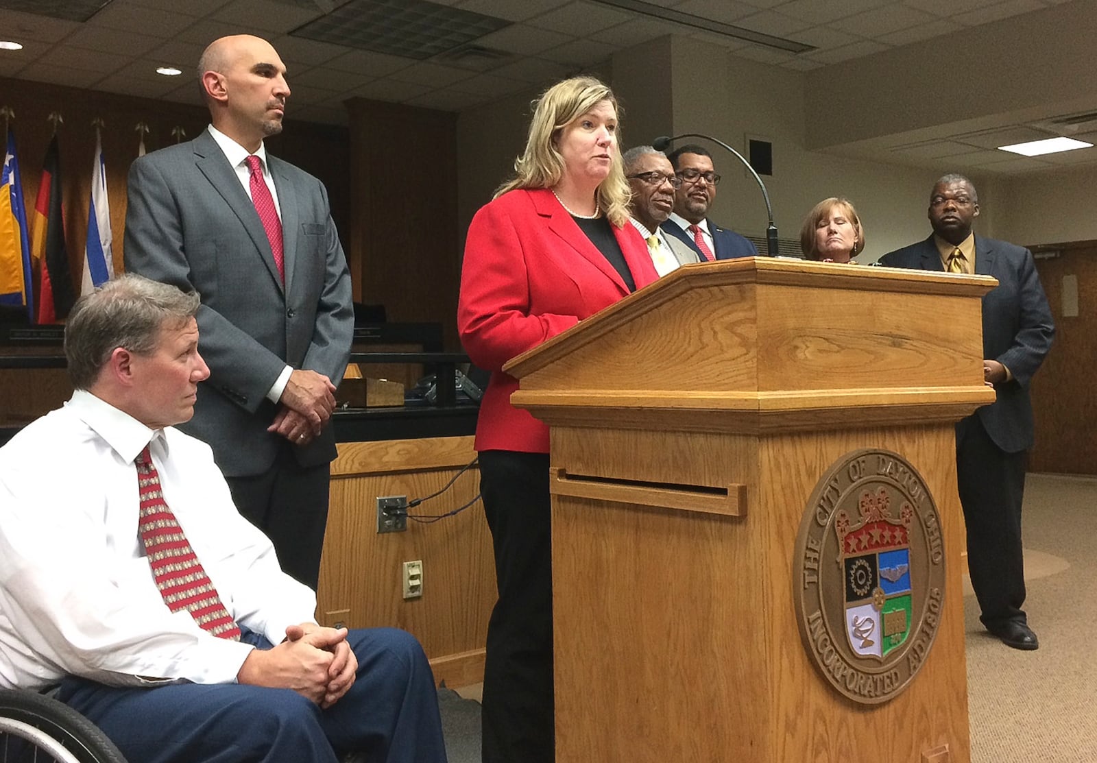 Dayton Mayor Nan Whaley, shown with city commissioners in a photo from October, said the people of Dayton want marijuana decriminalized and said she hopes and expects to see fewer people charged with minor marijuana violations moving forward. CHRIS STEWART / STAFF