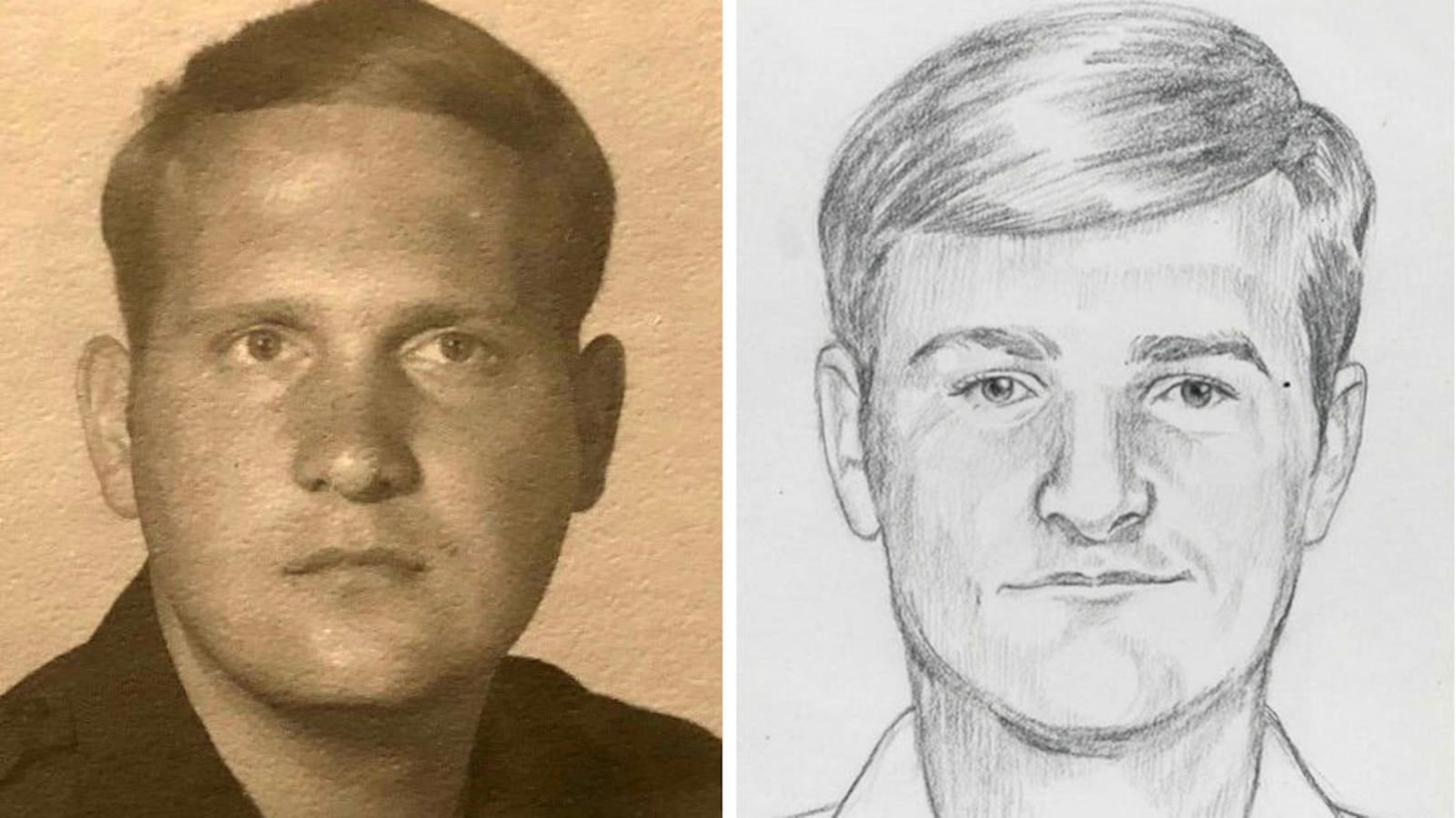 Joseph James DeAngelo Jr., at left, is pictured while a police officer in Exeter, California, in the early 1970s. At right is one of the police sketches released of the Golden State Killer, a serial rapist and killer credited with at least 12 homicides, more than 50 rapes and over 100 burglaries. DeAngelo, now 72, was arrested April 24, 2018, after cold case investigators said DNA linked him to several of the crimes.