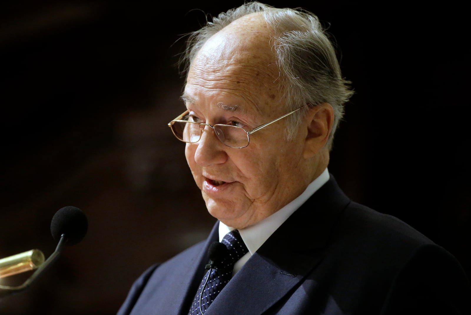 FILE - The Aga Khan addresses an audience about the challenges to a pluralistic society Thursday, Nov. 12, 2015, at the Memorial Church on the campus of Harvard University, in Cambridge, Mass. (AP Photo/Steven Senne, File)