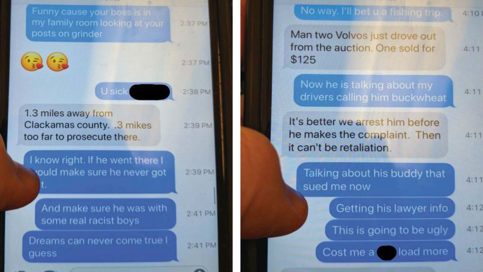 Pictured are text messages between a West Linn, Ore., police detective and Eric Benson, the former boss of Michael Fesser, 48, of Portland. Fesser last week settled a wrongful arrest lawsuit against the police department stemming from a February 2017 theft arrest Benson and the then-police chief, a fishing buddy, allegedly orchestrated with two of the department's investigators.