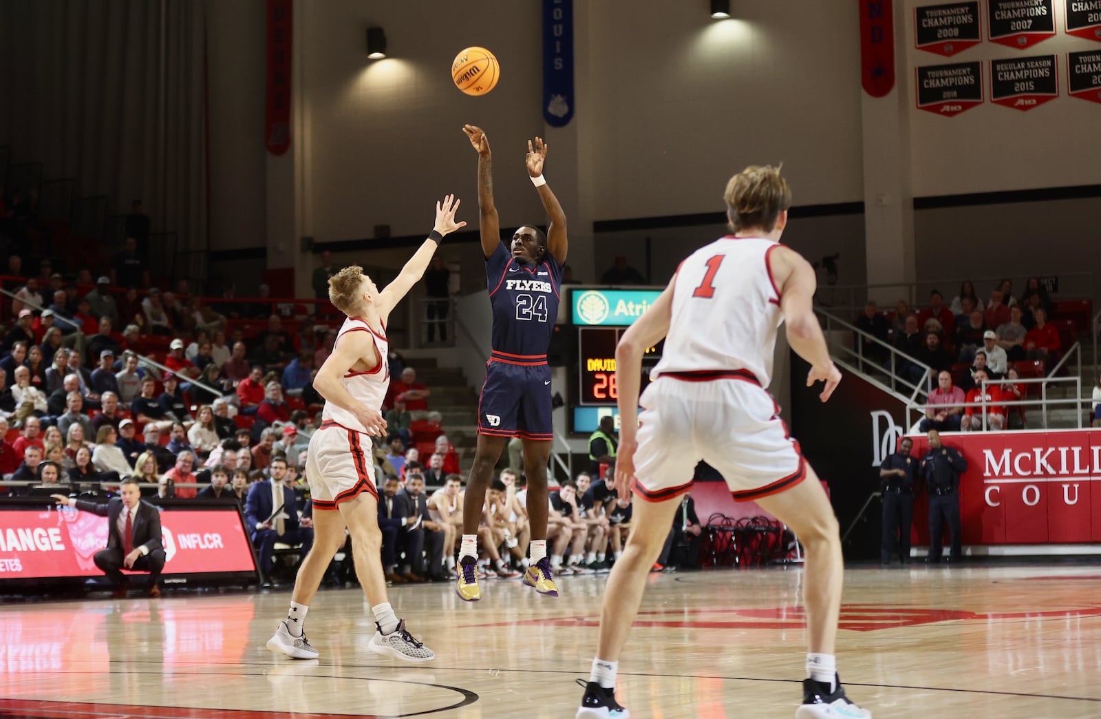 Dayton's Kobe Elvis shoots against Davidson on Wednesday, Jan. 3, 2024, at Belk Arena in Davidson, N.C. David Jablonski/Staff