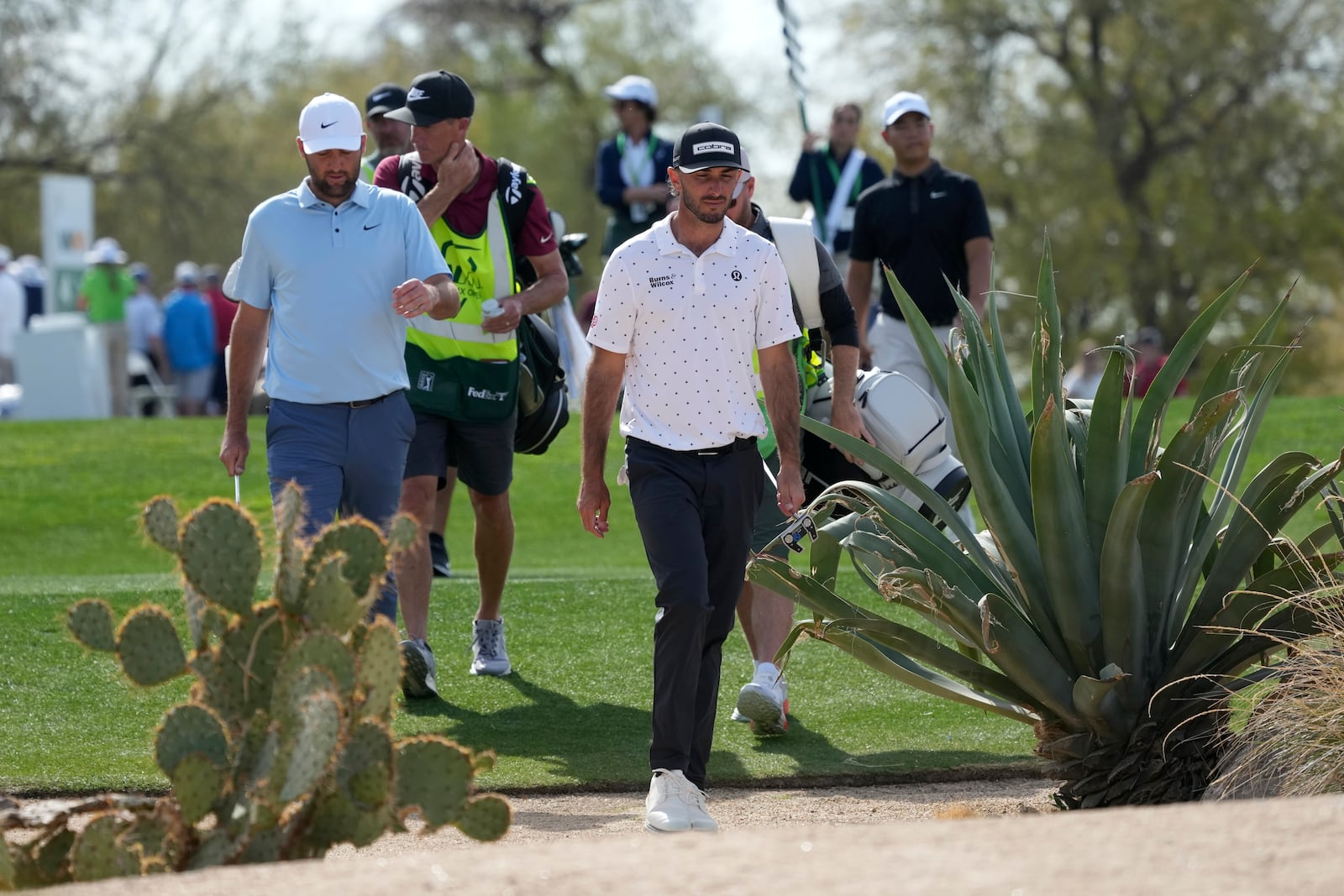 Scottie Scheffler, left, and Max Homa, right, walks through the desert to get to the fourth green during the second round of Phoenix Open golf tournament at the TPC Scottsdale, Friday, Feb. 7, 2025, in Scottsdale, Ariz. (AP Photo/Ross D. Franklin)