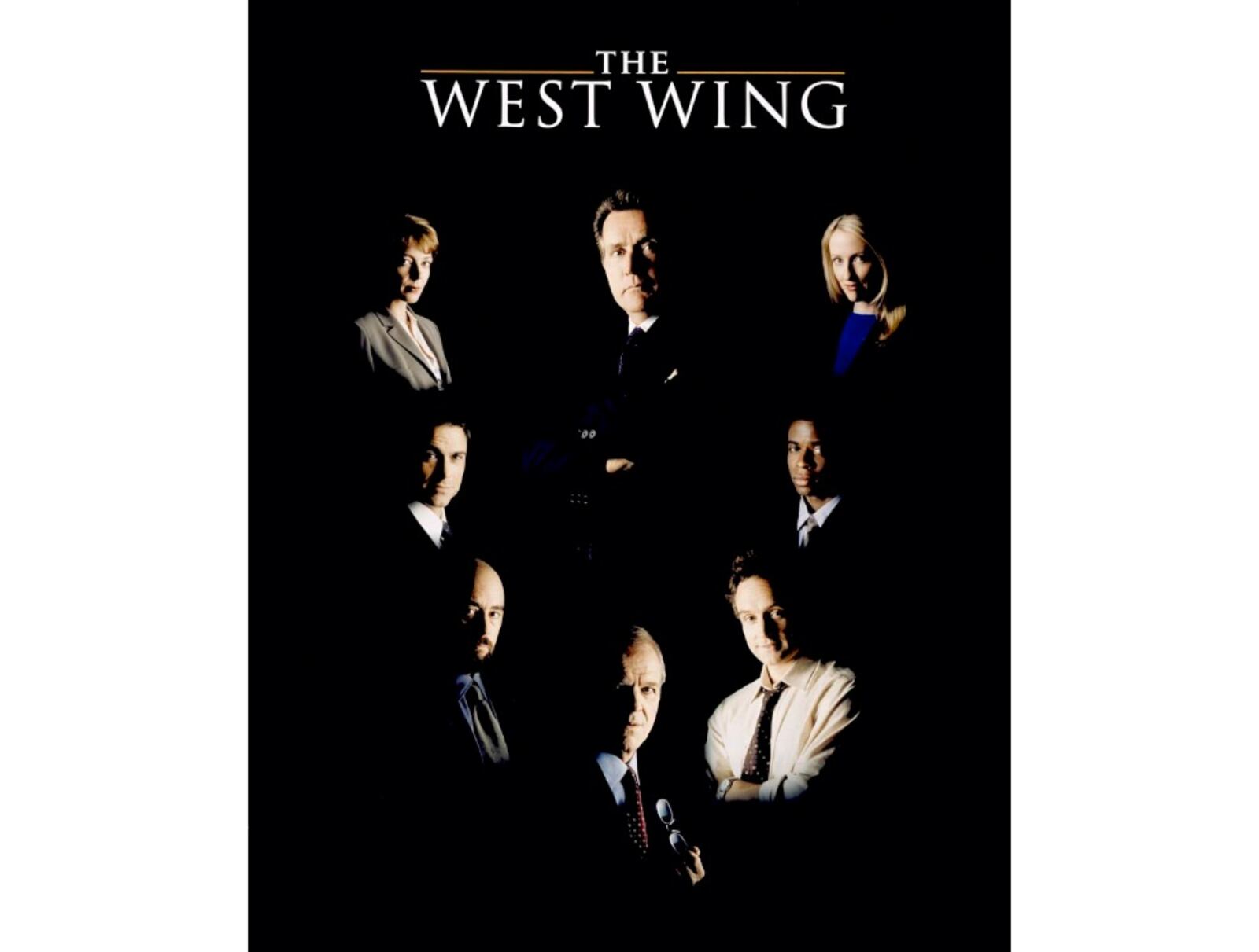 This poster was used to promote the NBC television drama <i>The West Wing</i>. The poster features a large photograph of Martin Sheen as President Josiah “Jed” Bartlet surrounded by the main cast, including, from the top left and continuing counter-clockwise, C.J. Cregg (Allison Janney), Sam Seaborn (Rob Lowe), Toby Ziegler (Richard Schiff), Leo McGarry (John Spencer), Josh Lyman (Bradley Whitford), Charlie Young (Dulé Hill), and Donna Moss (Janel Moloney). Source: National Museum of American History