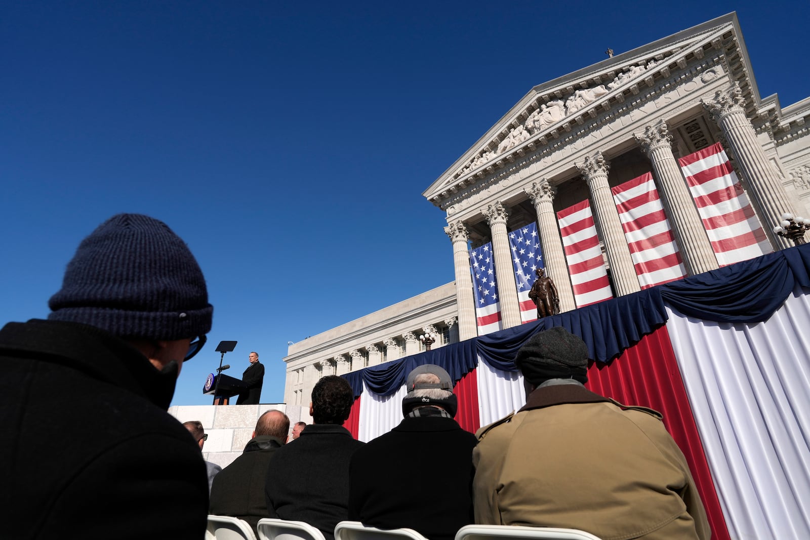 Gov. Mike Kehoe delivers his inaugural address after being sworn in as Missouri's 58th governor Monday, Jan. 13, 2025, in Jefferson City, Mo. (AP Photo/Jeff Roberson)