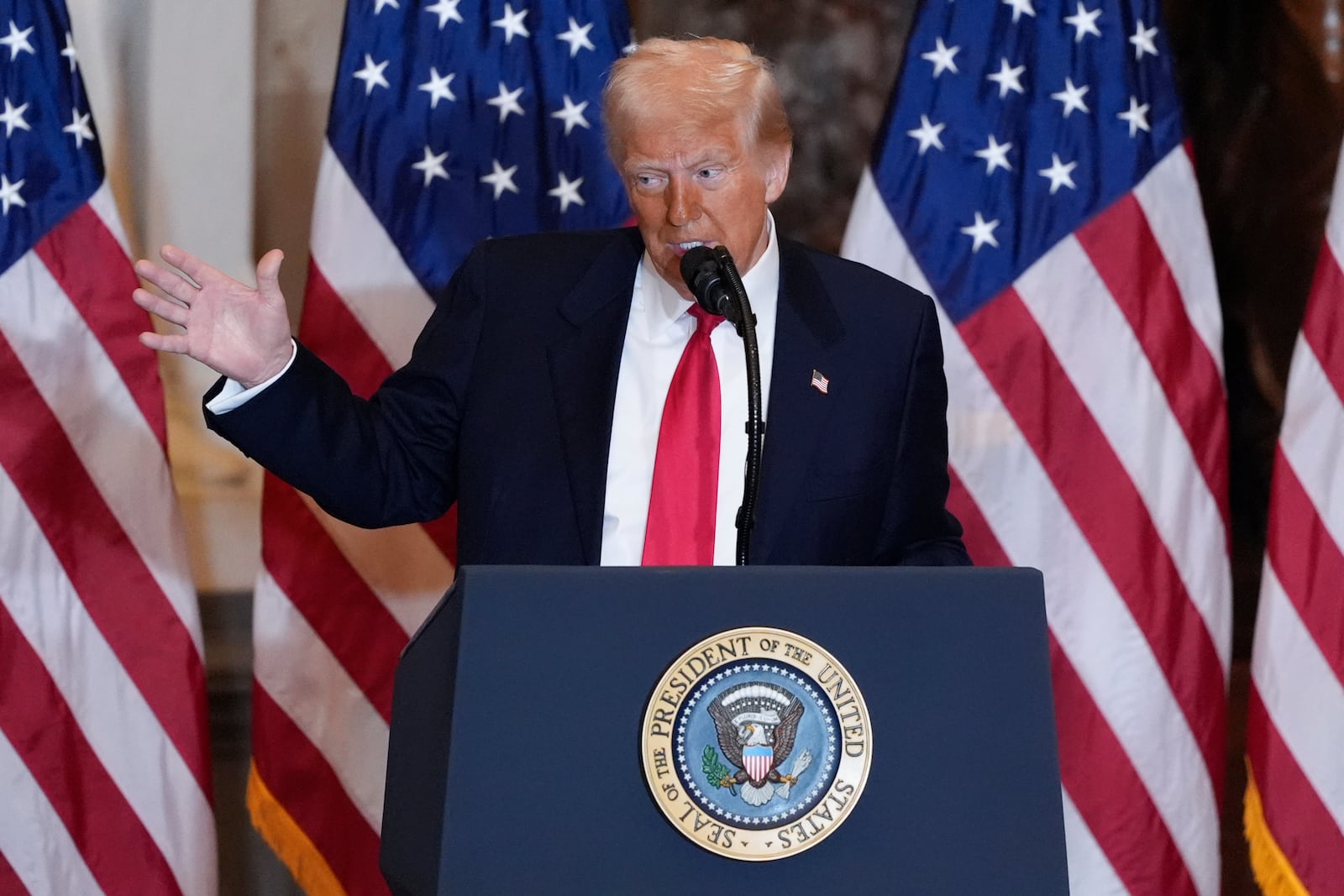 President Donald Trump speaks during the National Prayer Breakfast, at the Capitol in Washington, Thursday, Feb. 6, 2025. (AP Photo/J. Scott Applewhite)