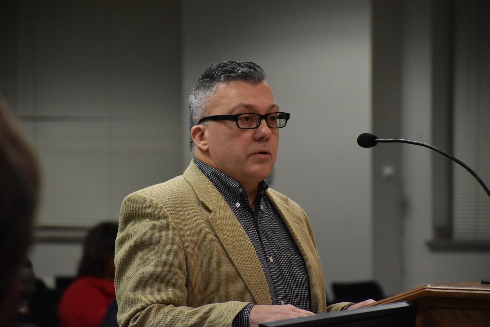 Aaron Zonin, Dayton's deputy director of the water department, speaks at a city commission meeting on Wednesday, Jan. 24, 2024. CORNELIUS FROLIK / STAFF