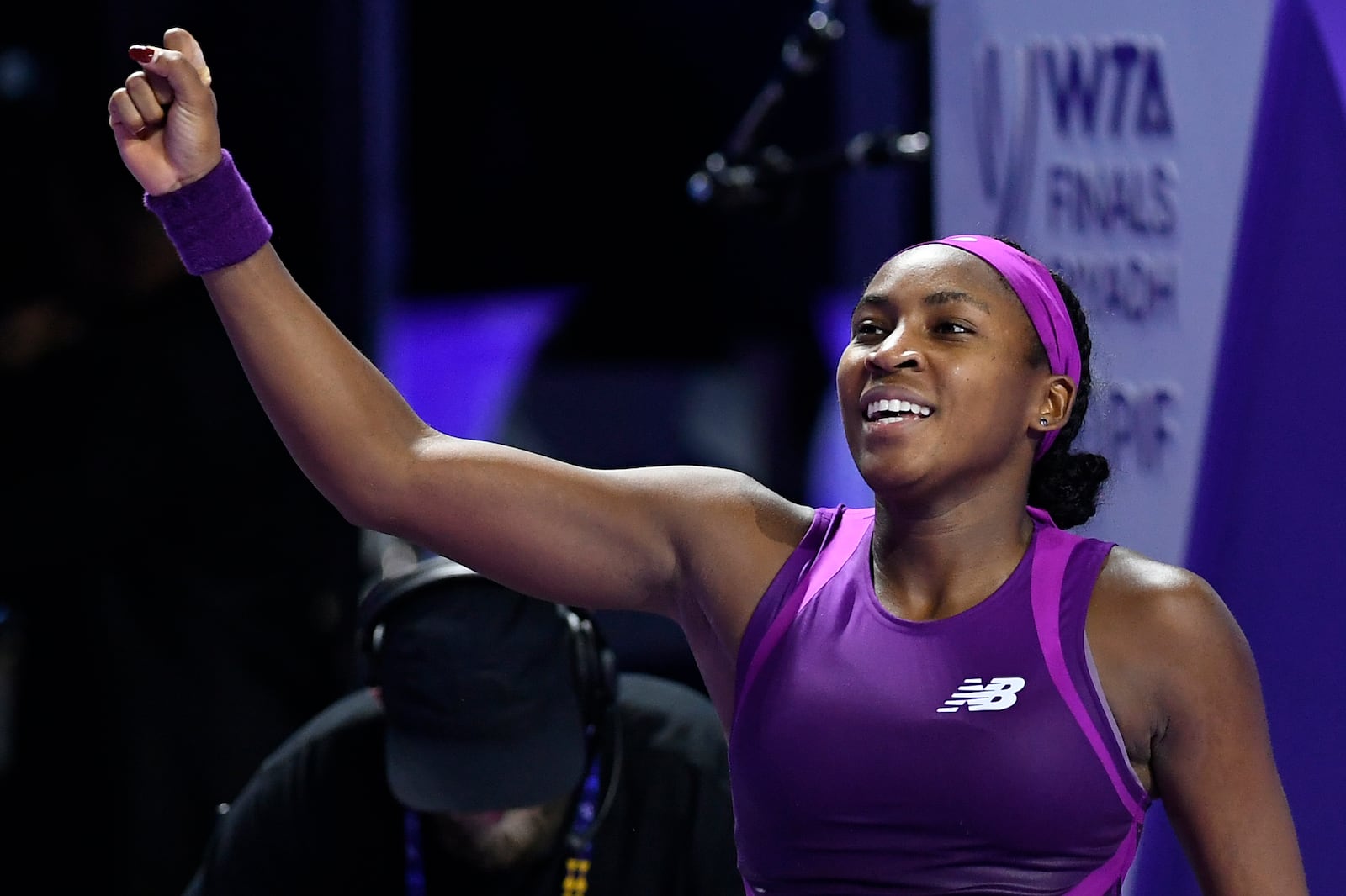 Coco Gauff of the U.S. reacts after winning against China's Qinwen Zheng in their women's singles final match of the WTA finals at the King Saud University Indoor Arena, in Riyadh, Saudi Arabia, Saturday, Nov. 9, 2024. (AP Photo)