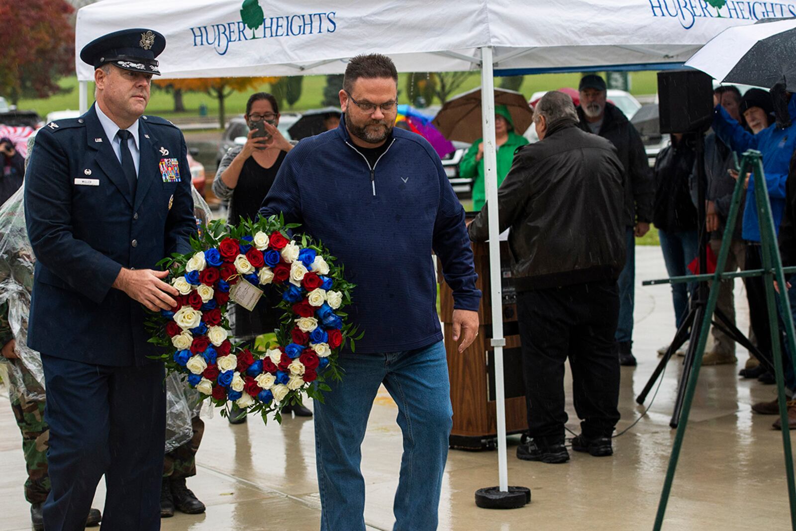 Col. Patrick Miller, 88th Air Base Wing and Wright-Patterson Air Force Base commander, and Huber Heights Mayor Jeff Gore lay a wreath during the city’s Veterans Day ceremony Nov. 11 at Thomas A. Cloud Park. About 10 percent of the Huber Heights population are veterans. U.S. AIR FORCE PHOTO/WESLEY FARNSWORTH