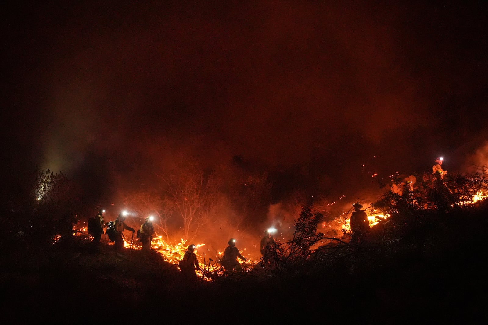 Firefighters stand along a ridge as they battle the Lilac Fire in Bonsall, Calif., Tuesday, Jan. 21, 2025. (AP Photo/Jae C. Hong)