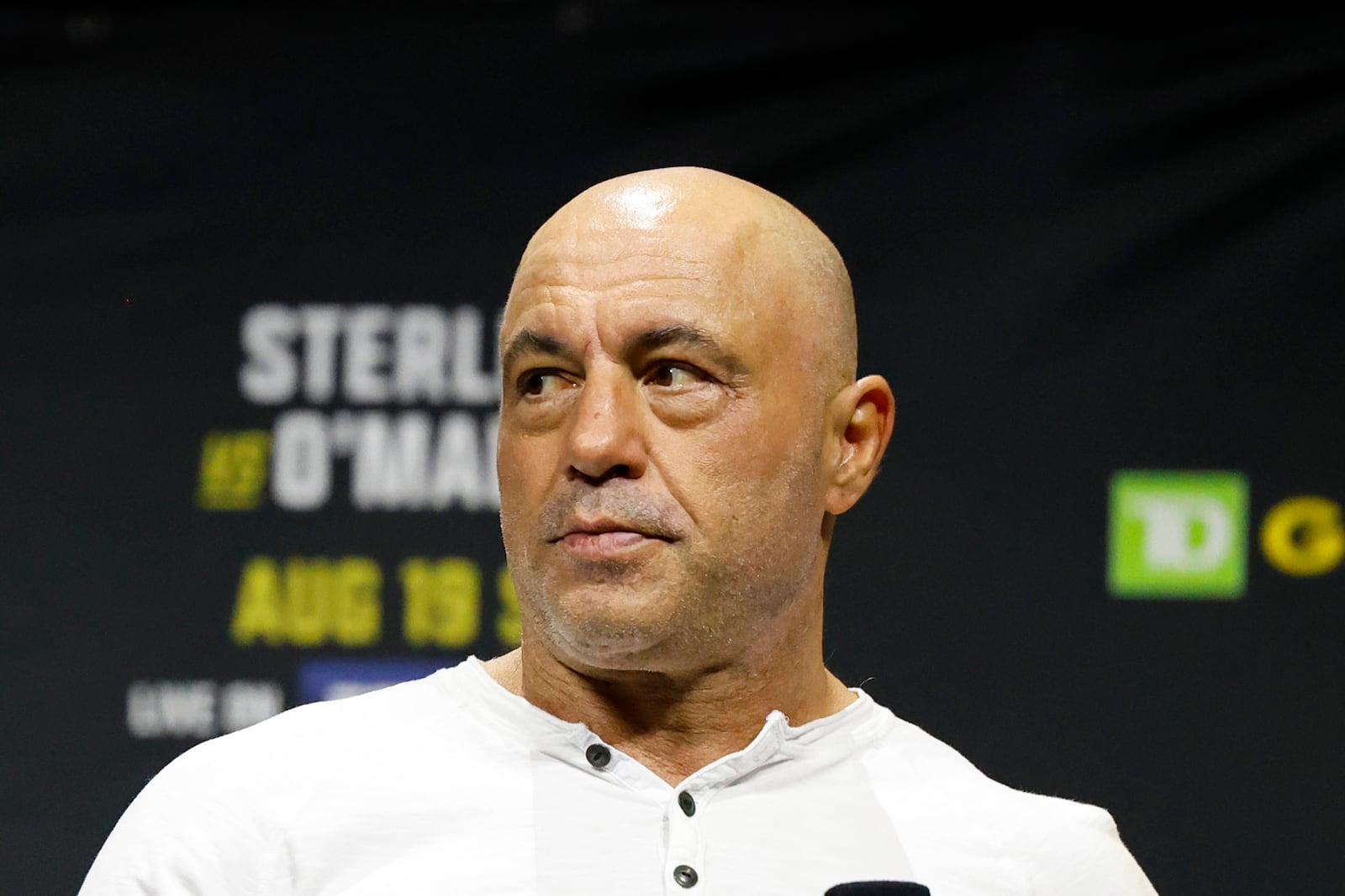 FILE - Joe Rogan is seen at the ceremonial weigh-in for the UFC 292 mixed martial arts event, Friday, Aug. 18, 2023, in Boston. (AP Photo/Gregory Payan, File)