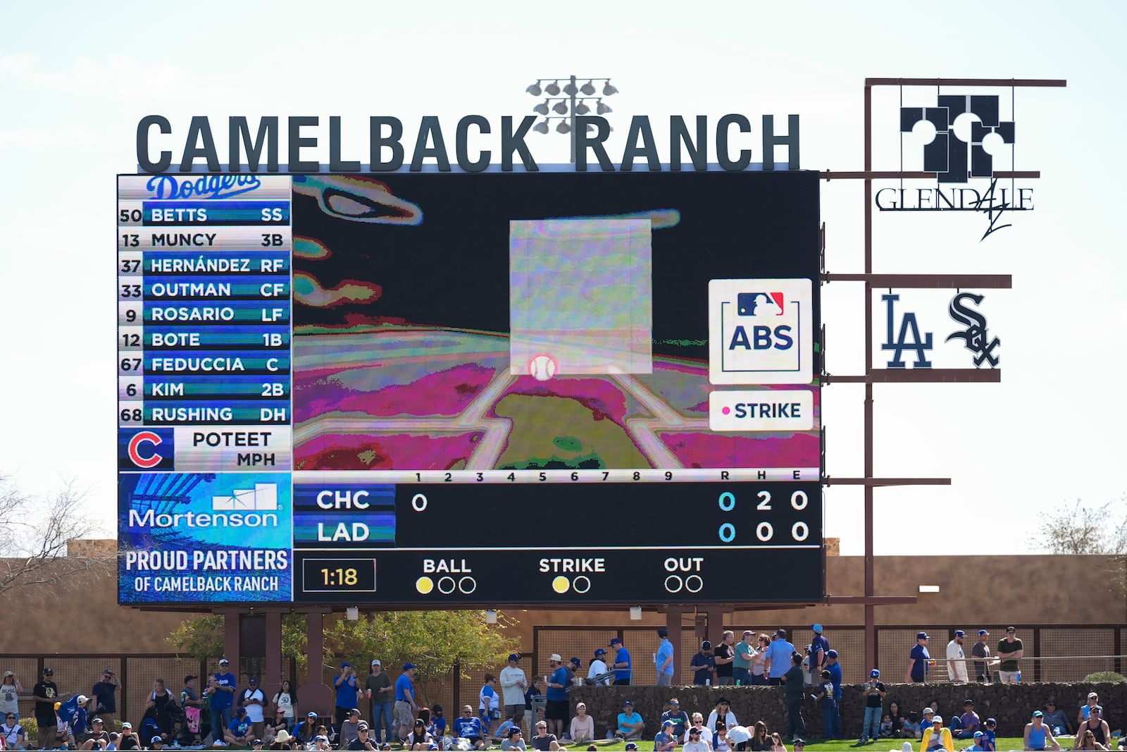 A replay shows on the scoreboard using the Automated Ball-Strike System during the first inning of a spring training baseball game between the Chicago Cubs and the Los Angeles Dodgers, Thursday, Feb. 20, 2025, in Phoenix. (AP Photo/Ashley Landis)