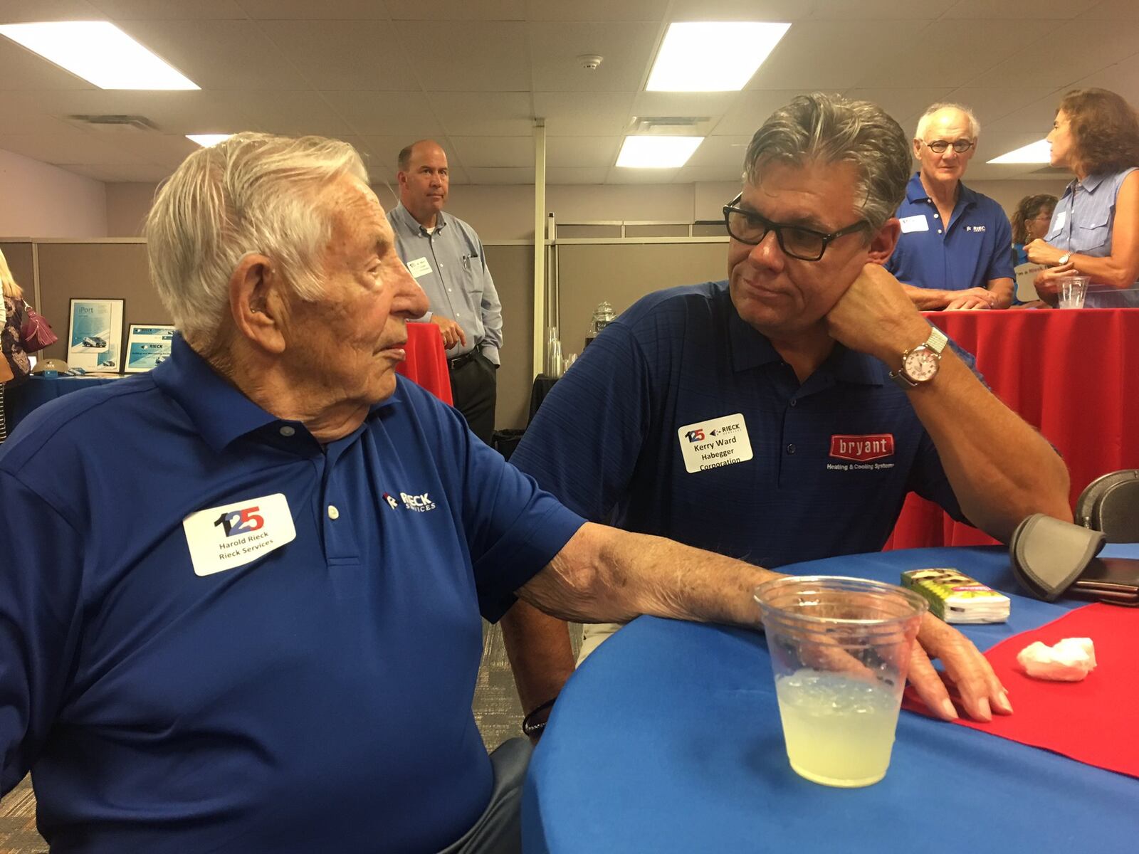 Rieck Services Owner Harold Riecker talks with business associate and friend Kerry Ward. KARA DRISCOLL/STAFF