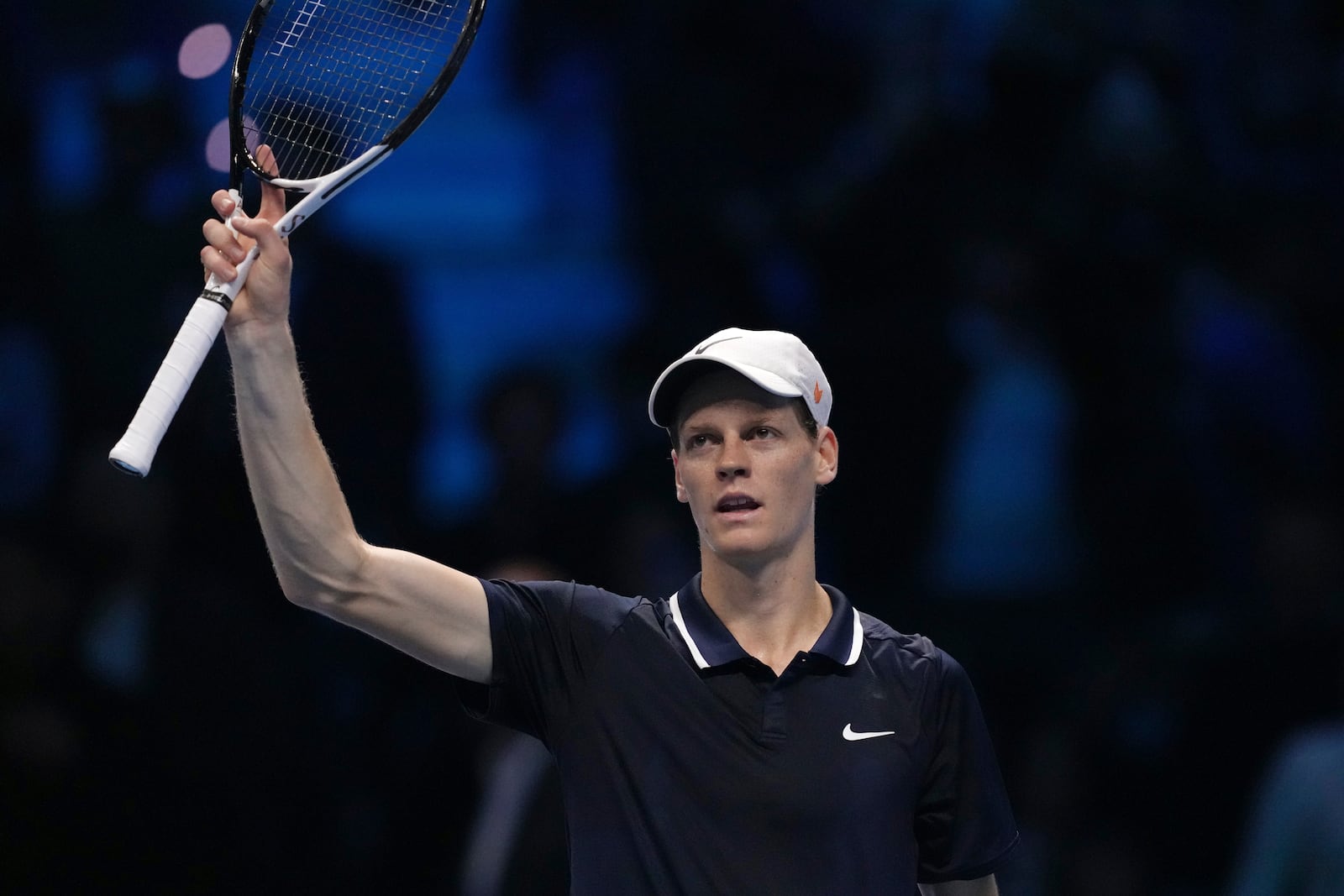 Italy's Jannik Sinner celebrates after winning the singles tennis match of the ATP World Tour Finals against Russia's Daniil Medvedev, at the Inalpi Arena, in Turin, Italy, Thursday, Nov. 14, 2024. (AP Photo/Antonio Calanni)