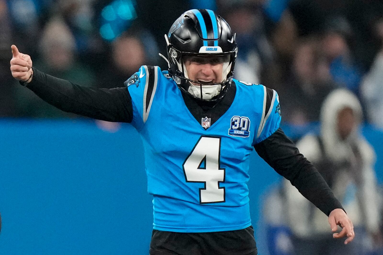 Carolina Panthers kicker Eddy Pineiro celebrates after kicking the game-winning field goal in overtime against New York Giants during an NFL football game, Sunday, Nov. 10, 2024, in Munich, Germany. (AP Photo/Matthias Schrader)