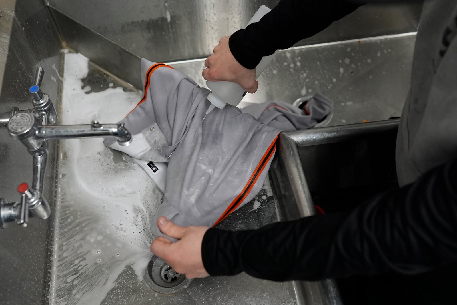 San Francisco Giants clubhouse attendant Riley Halpin removes stains from baseball pants in the laundry room sink during baseball spring training at the team's facility, Monday, Feb. 17, 2025, in Scottsdale, Ariz. (AP Photo/Carolyn Kaster)