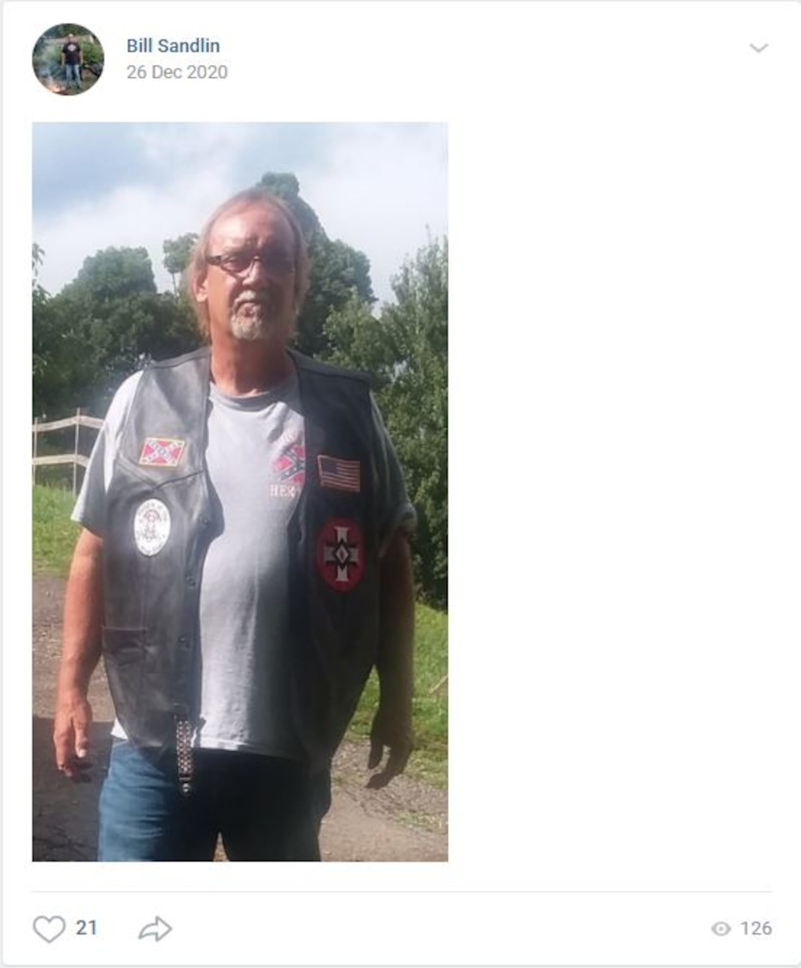 Photo of Bill Sandlin, imperial wizard of the KKK-affiliated White Christian Brotherhood, posted on a social media account.