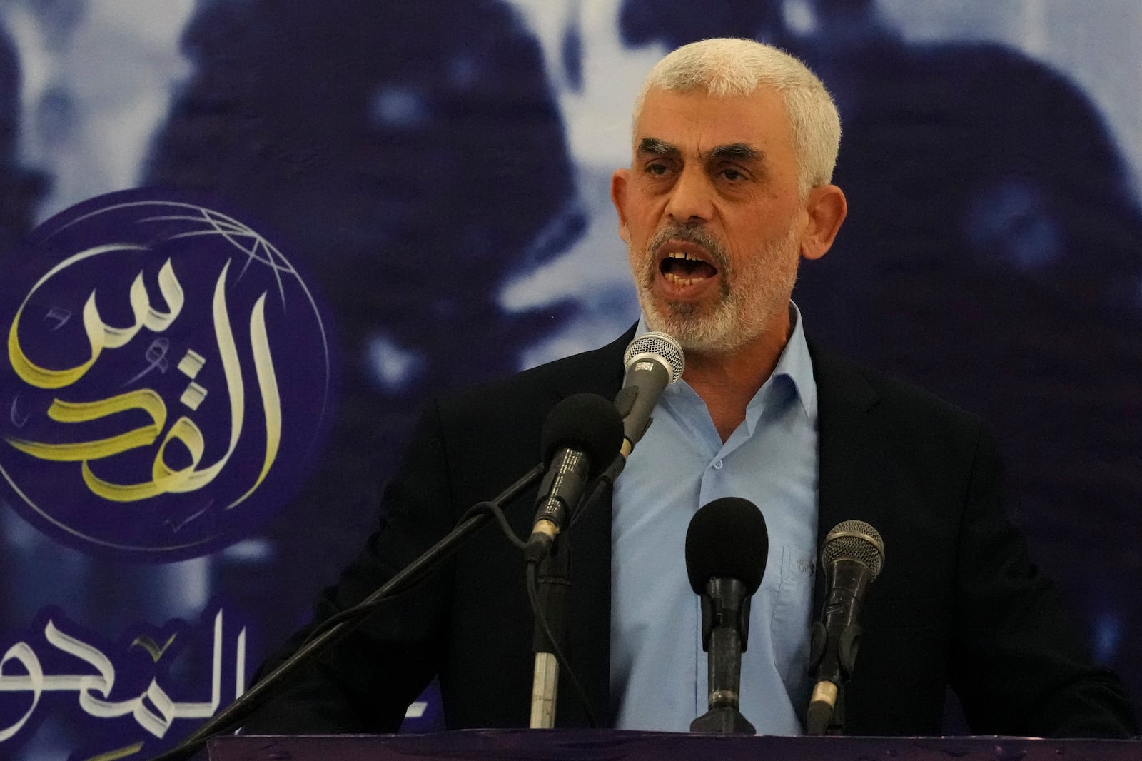 FILE - Yahya Sinwar, head of Hamas in Gaza, delivers a speech during at a hall on the seaside of Gaza City, on April 30, 2022. (AP Photo/Adel Hana)