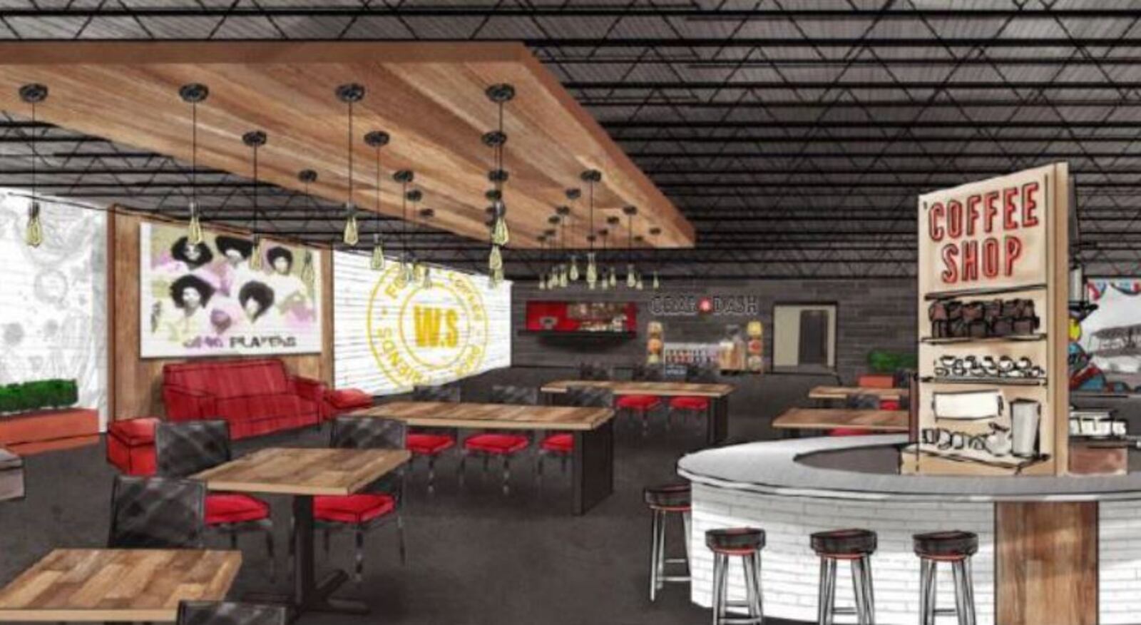 An interior rendering of W. Social, a food hall planned for 1100 W. Third St. CONTRIBUTED