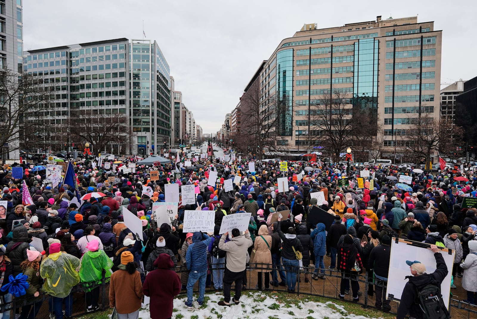 A group gathers in Farragut Square before the start of the People's March, Saturday, Jan. 18, 2025, in Washington. (AP Photo/Mike Stewart)