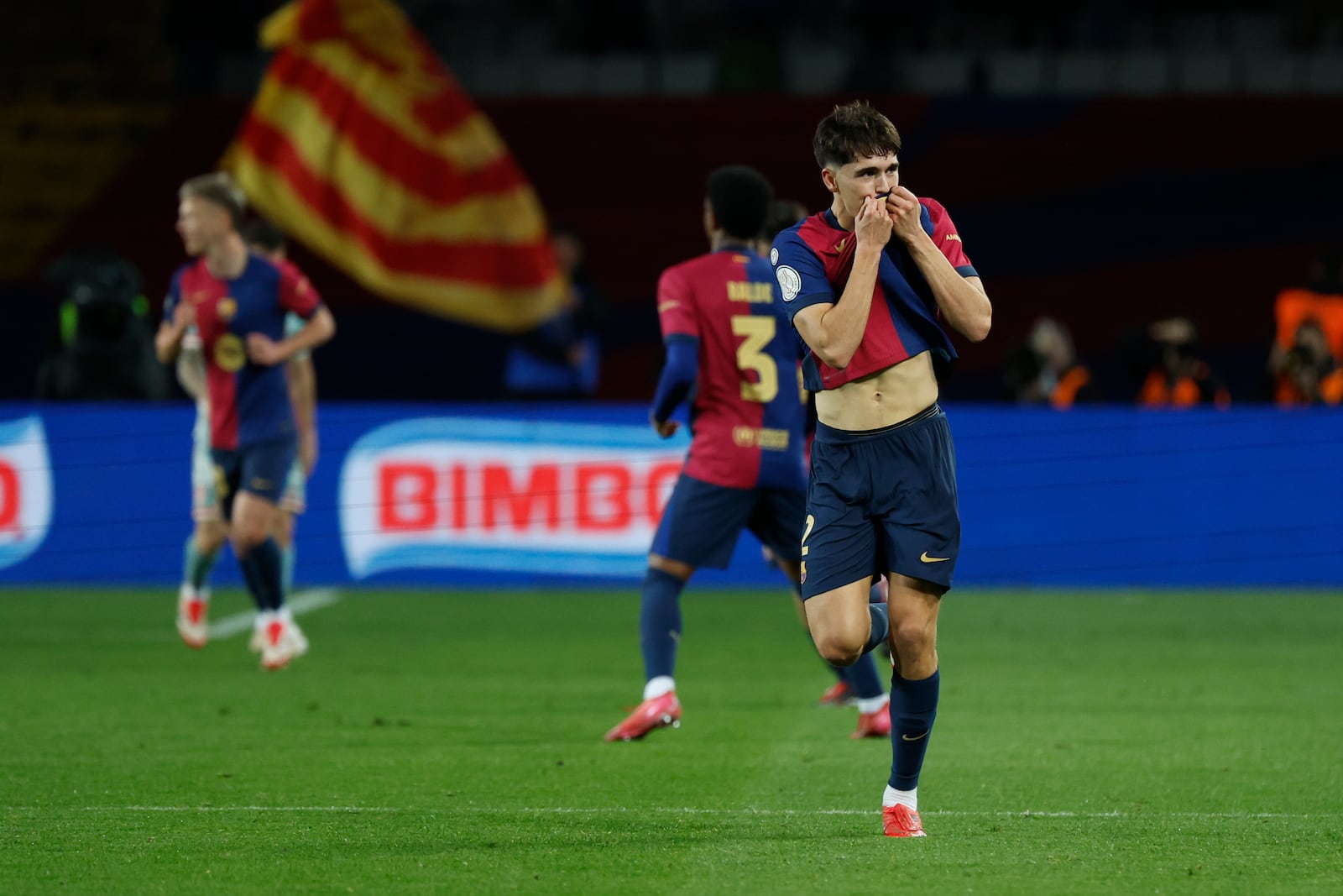 Barcelona's Pau Cubarsi celebrates after a goal during a Spanish Copa del Rey, or King's Cup, the semi-final soccer match between Barcelona and Atletico Madrid in Barcelona, Spain, Tuesday, Feb. 25, 2025. AP Photo/Joan Monfort)