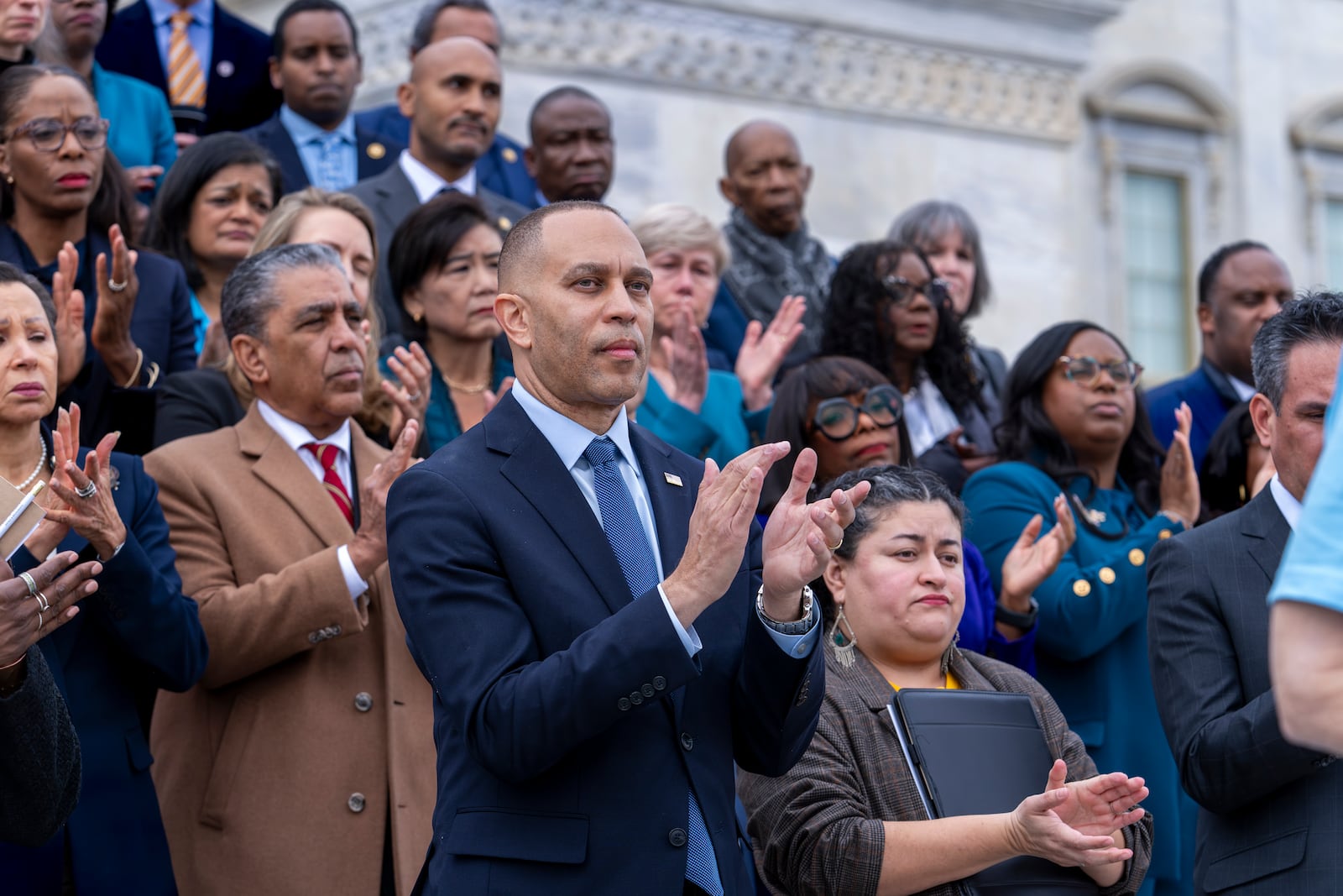 House Minority Leader Hakeem Jeffries, D-N.Y., rallies Democrats against the Republican budget plan, on the House steps at the Capitol in Washington, Tuesday, Feb. 25, 2025. (AP Photo/J. Scott Applewhite)