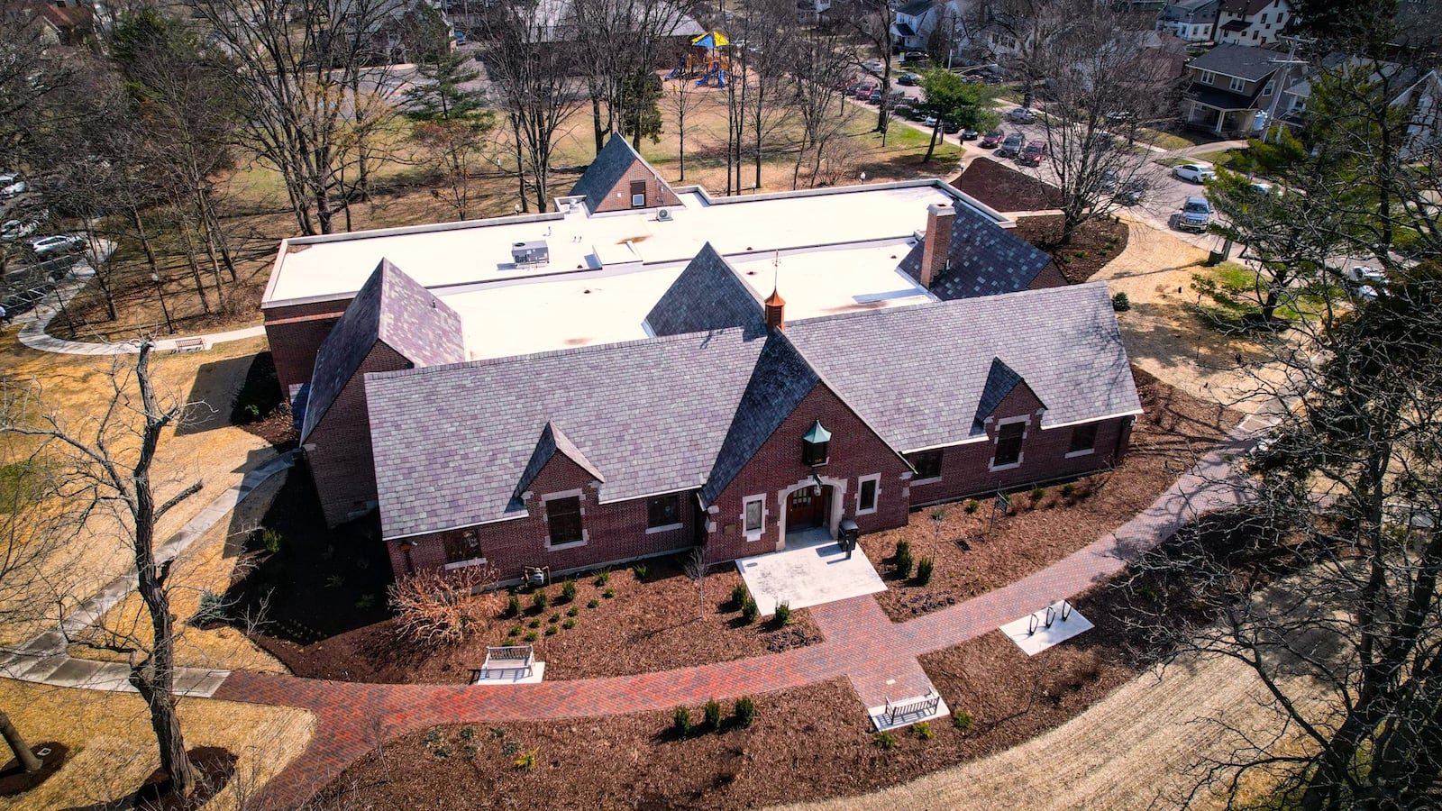 An aerial view of the Wright Library after renovations in 2022.