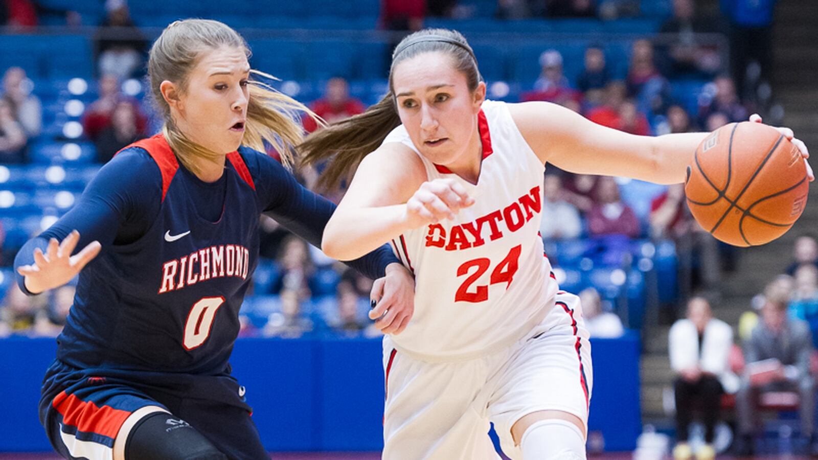 Dayton sophomore guard Lauren Cannatelli dribbles with pressure from Richmond’s Kylie Murphree during an Atlantic 10 game on Wednesday night at UD Arena. Bryant Billing/Contributed