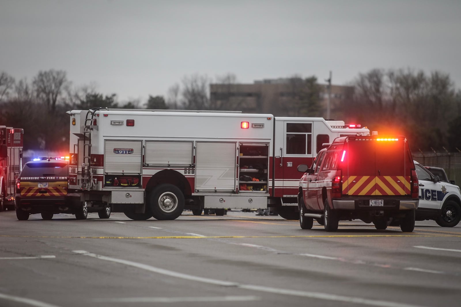 One person was killed and three people were injured in a multiple-vehicle accident Tuesday on southbound Harshman Road, near Airway Road, in Riverside. (Jim Noelker/Staff)