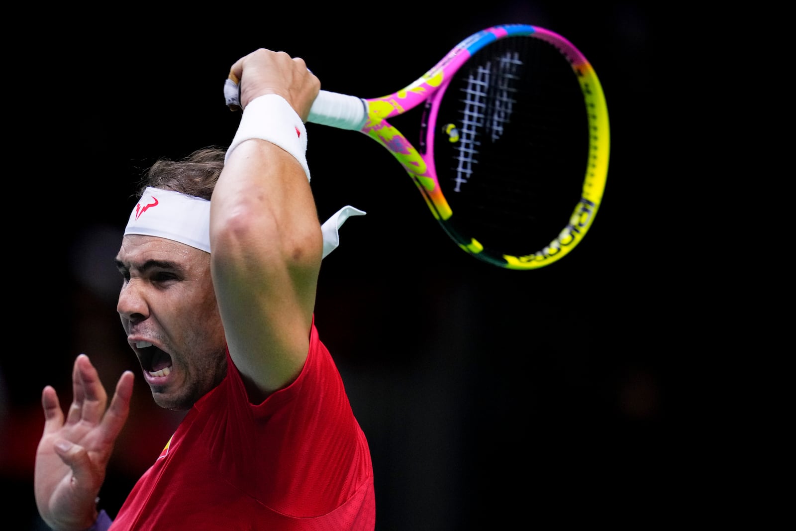 Spain's tennis player Rafael Nadal competes against Netherlands' Botic Van De Zandschulp during a Davis Cup quarterfinal match at Martin Carpena Sports Hall in Malaga, southern Spain, on Tuesday, Nov. 19, 2024. (AP Photo/Manu Fernandez)