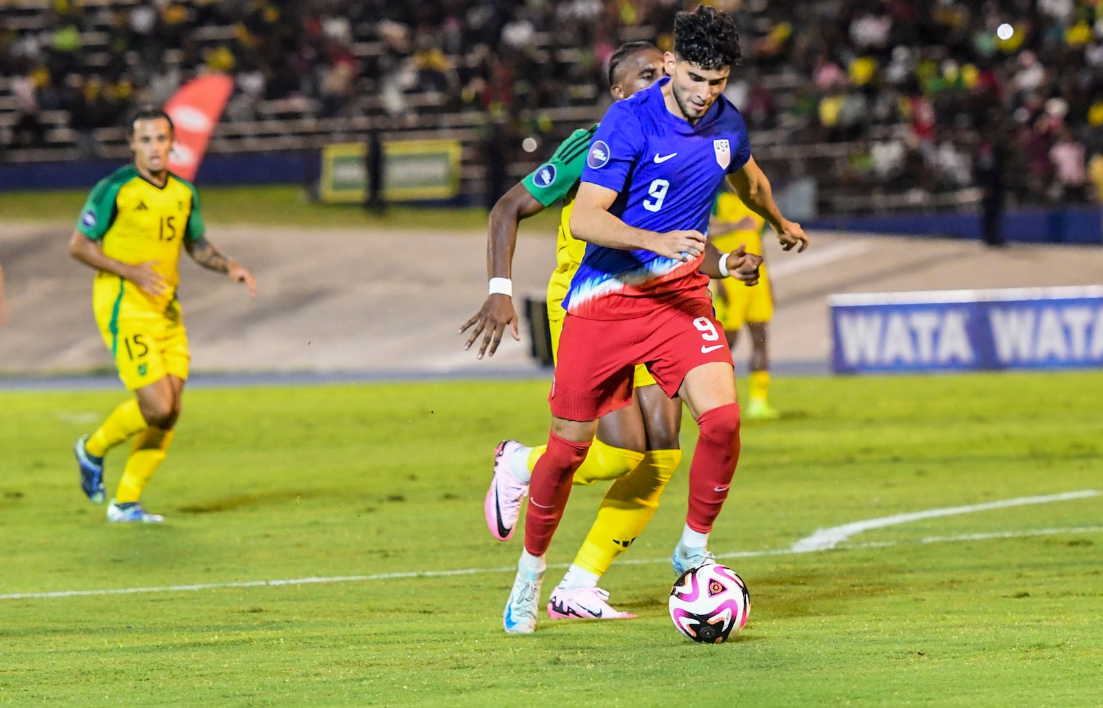 United States' Ricardo Pepi prepares to shoot against Jamaica during a CONCACAF Nations League quarterfinal first leg soccer match in Kingston, Jamaica, Thursday, Nov. 14, 2024. (AP Photo/Collin Reid)