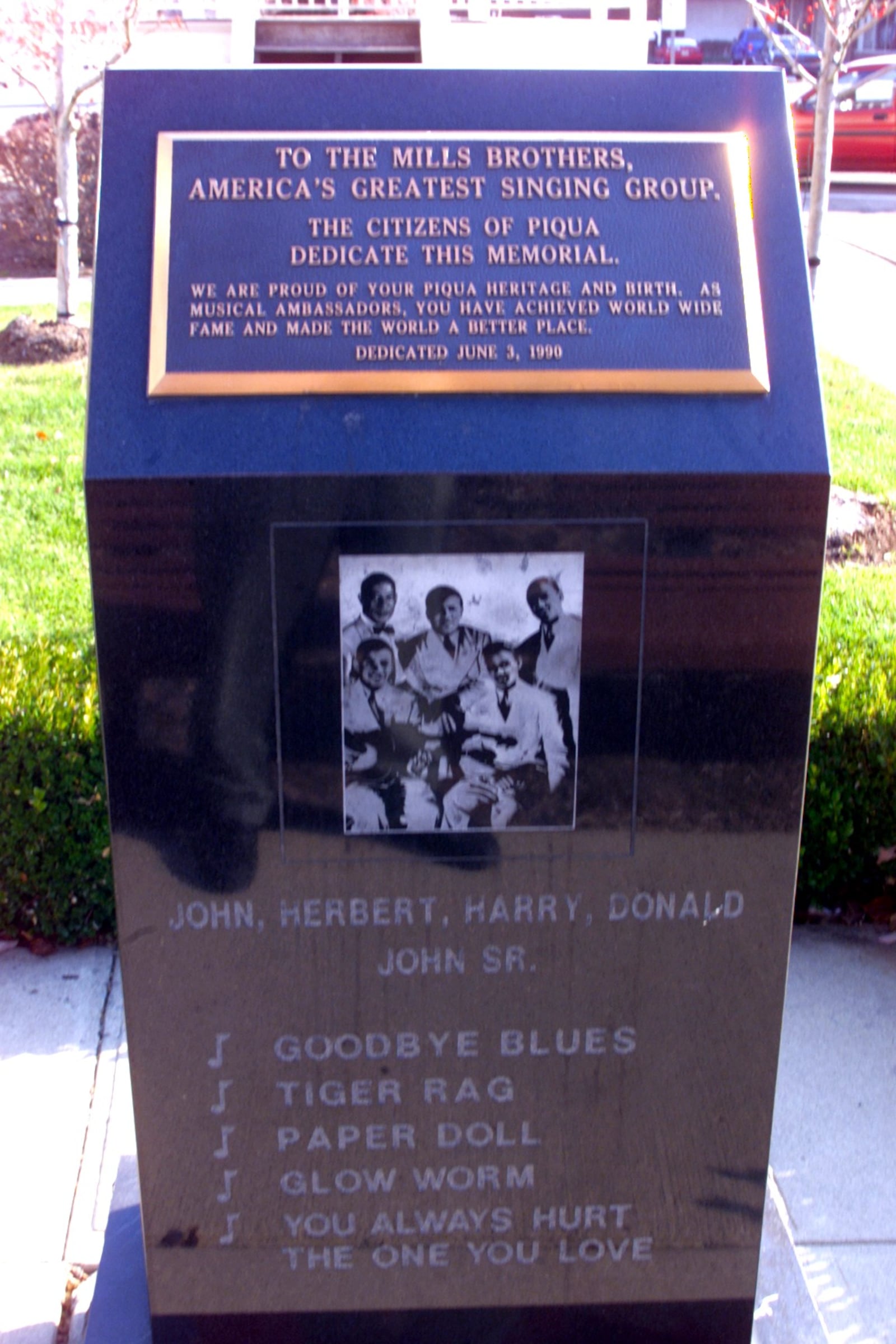 A monument in the Piqua’s public square the honors the Mills Brothers and their achievements.