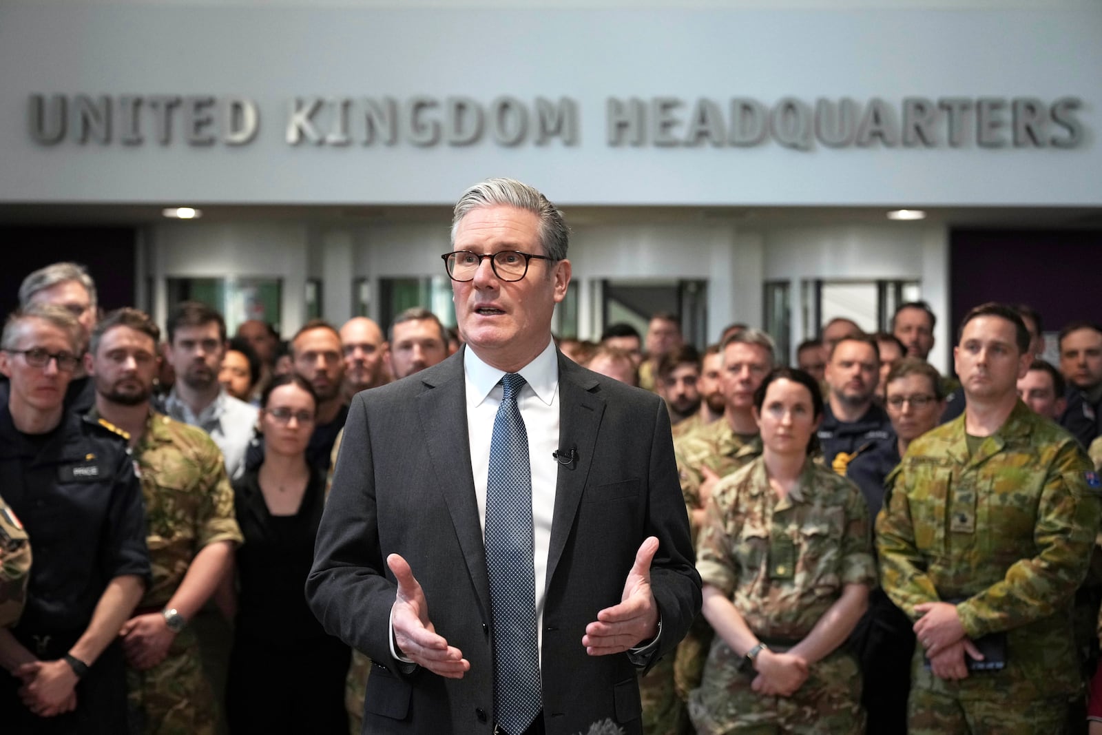 Britain's Prime Minister Keir Starmer speaks as he visits a military base to meet planners mapping out next steps in the Coalition of the Willing in Northwood, London, Thursday, March 20, 2025.(AP Photo/Alastair Grant, Pool)