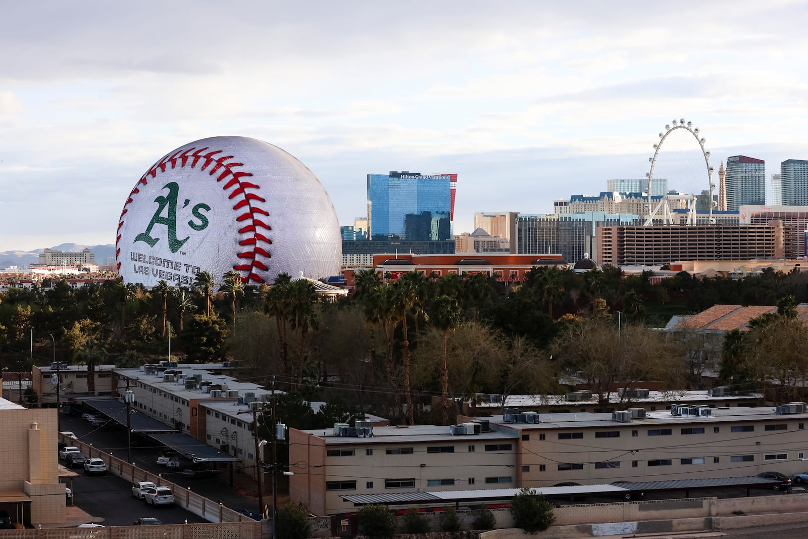 The Athletics logo is displayed on The Sphere, Friday, March 7, 2025, in Las Vegas. (Wade Vandervort/Las Vegas Sun via AP)