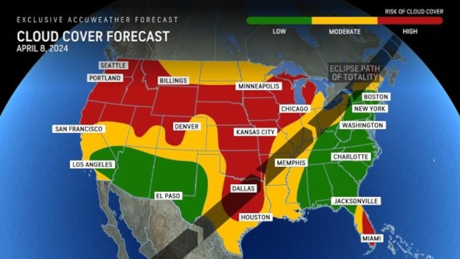 Storms and cloud coverage are possible from Texas to Ohio on the day of the solar eclipse on April 8, 2024.

Photo Credit: AccuWeather