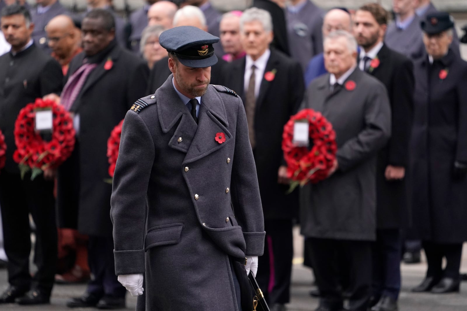 Britain's Prince William returns to his position after laying a wreath during the Remembrance Sunday Service at the Cenotaph in London, Sunday, Nov. 10, 2024. (AP Photo/Alberto Pezzali, Pool)