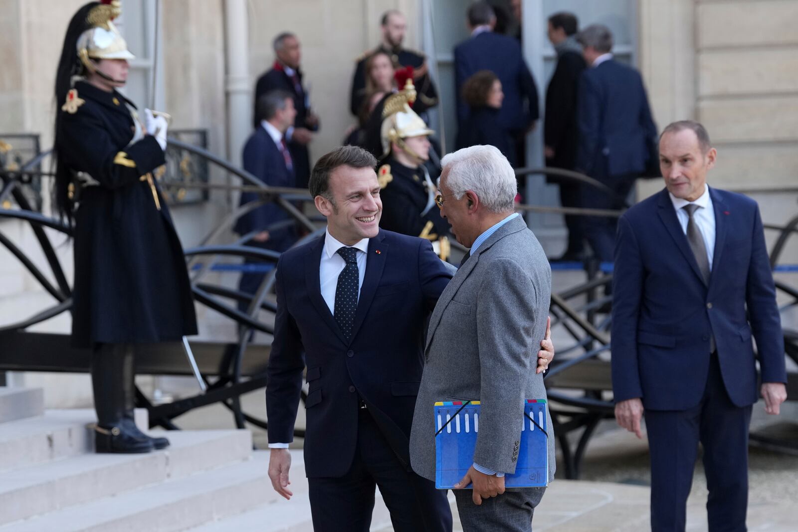 French President Emmanuel Macron, left, greets European Council President Antonio Costa as he arrives for an informal meeting of leaders from key European Union nations and the United Kingdom at the Elysee Palace in Paris, Monday, Feb. 17, 2025. (AP Photo/Aurelien Morissard)