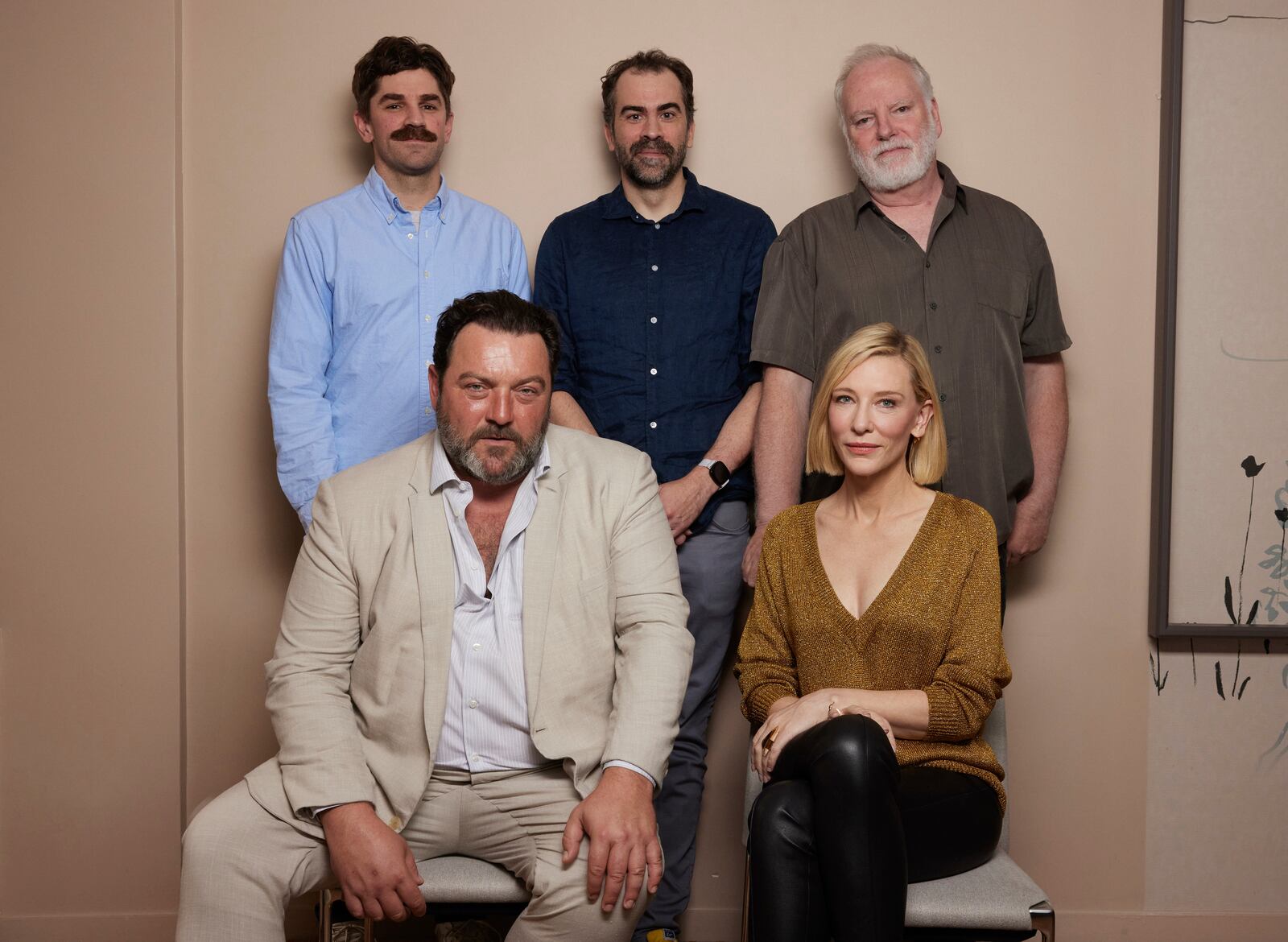 Evan Johnson, from left, Denis Menochet, Galen Johnson, Cate Blanchett, and Guy Maddin pose for a portrait to promote the film "Rumours" on Friday, Sept. 27, 2024, in New York. (Photo by Matt Licari/Invision/AP)