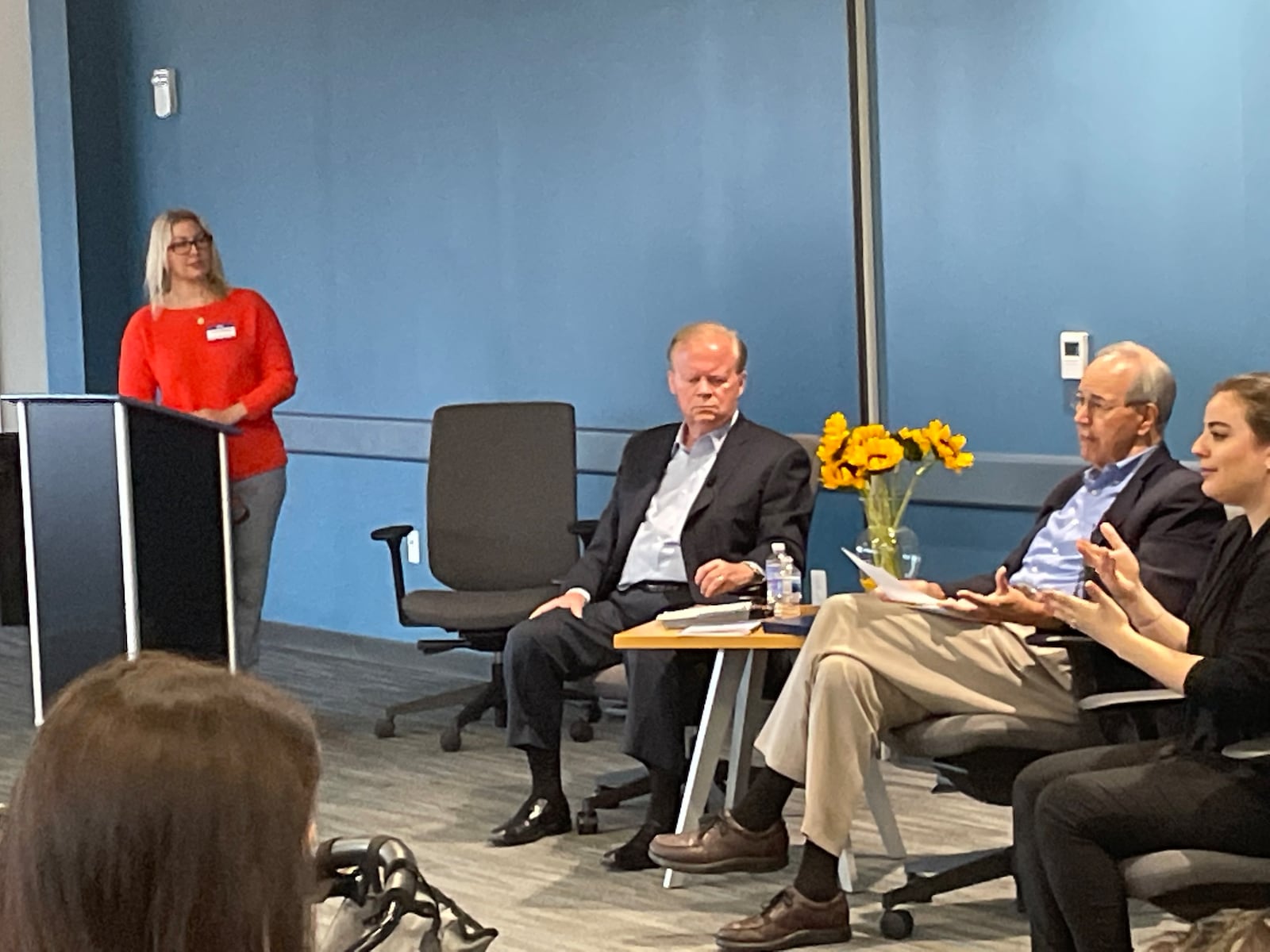 Former Congressman Tony Hall, left, and former Ohio Gov. Bob Taft, right, discuss the current state of political discourse Wednesday, June 8, 2022 during a League of Women Voters event. PARKER PERRY / STAFF