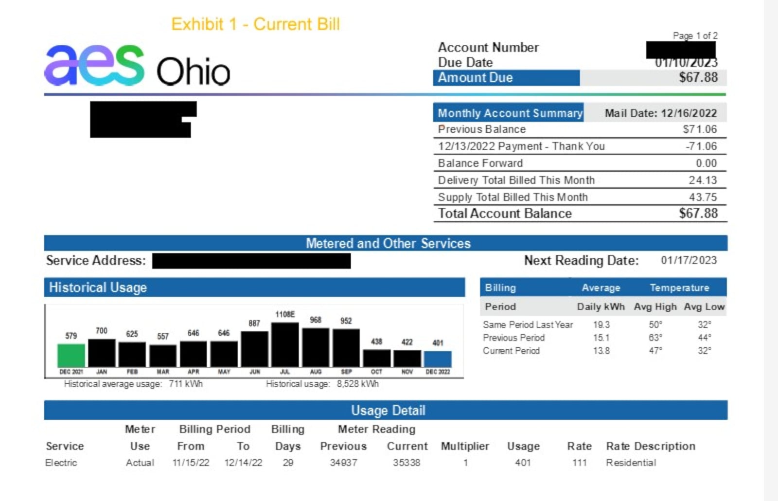 An example of the current AES Ohio bill format, filed with the Public Utilities Commission of Ohio.