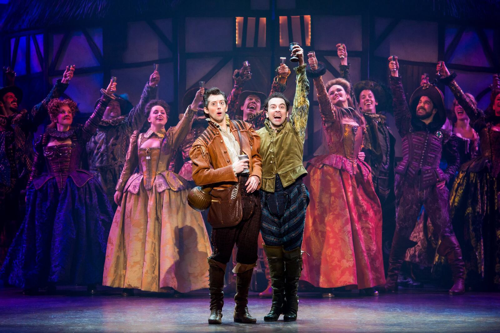 Josh Grisetti as Nigel Bottom, Rob McClure as Nick Bottom, and the cast of the national tour of the 2015 musical comedy Something Rotten! slated March 20-25 at the Schuster Center. CONTRIBUTED PHOTO BY JEREMY DANIEL