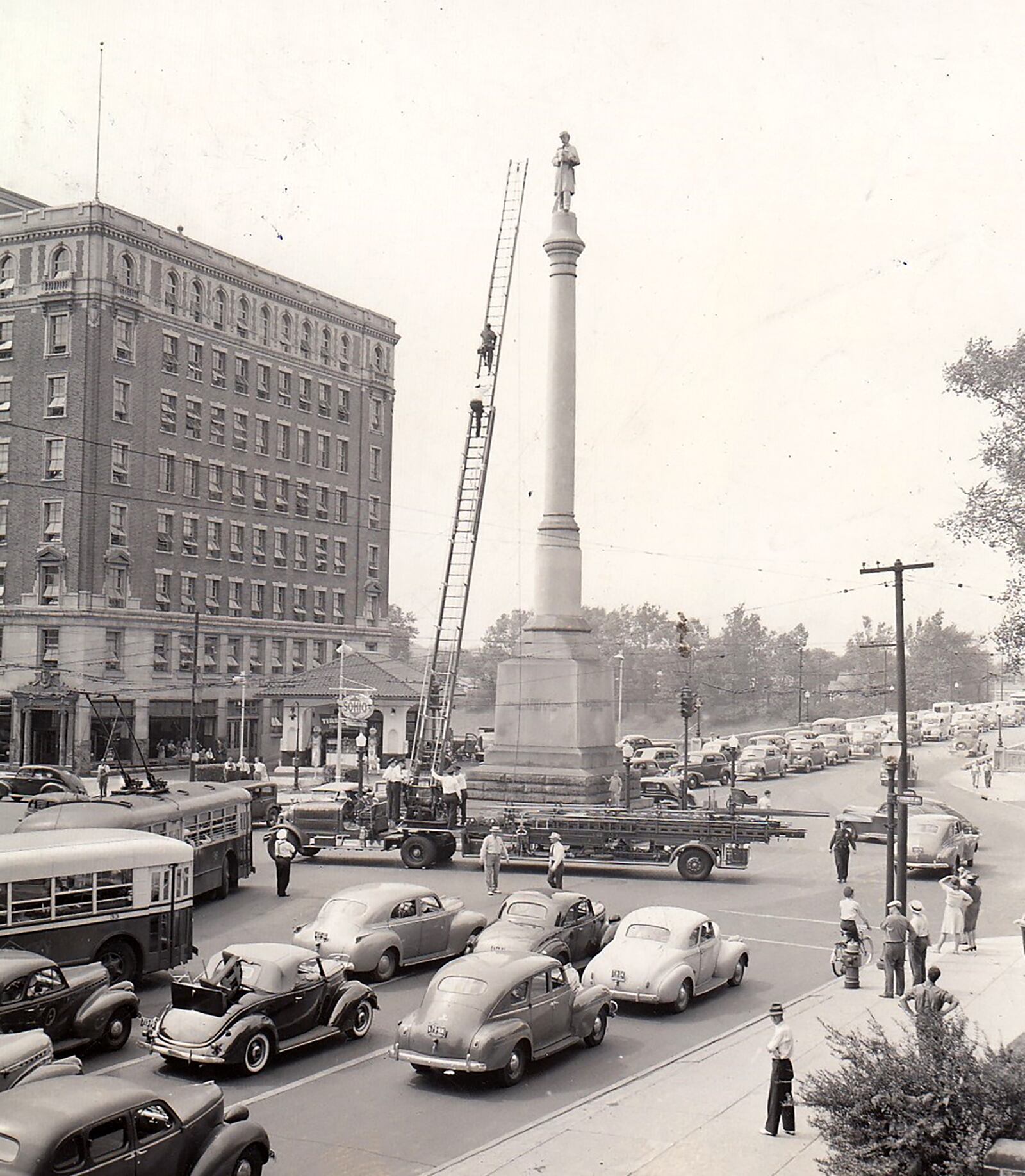 The symbol to the Civil War stood at the intersection of Main and Water Streets until 1948 when it was relocated to alleviate traffic congestion. It was later moved back downtown.  DAYTON DAILY NEWS ARCHIVE