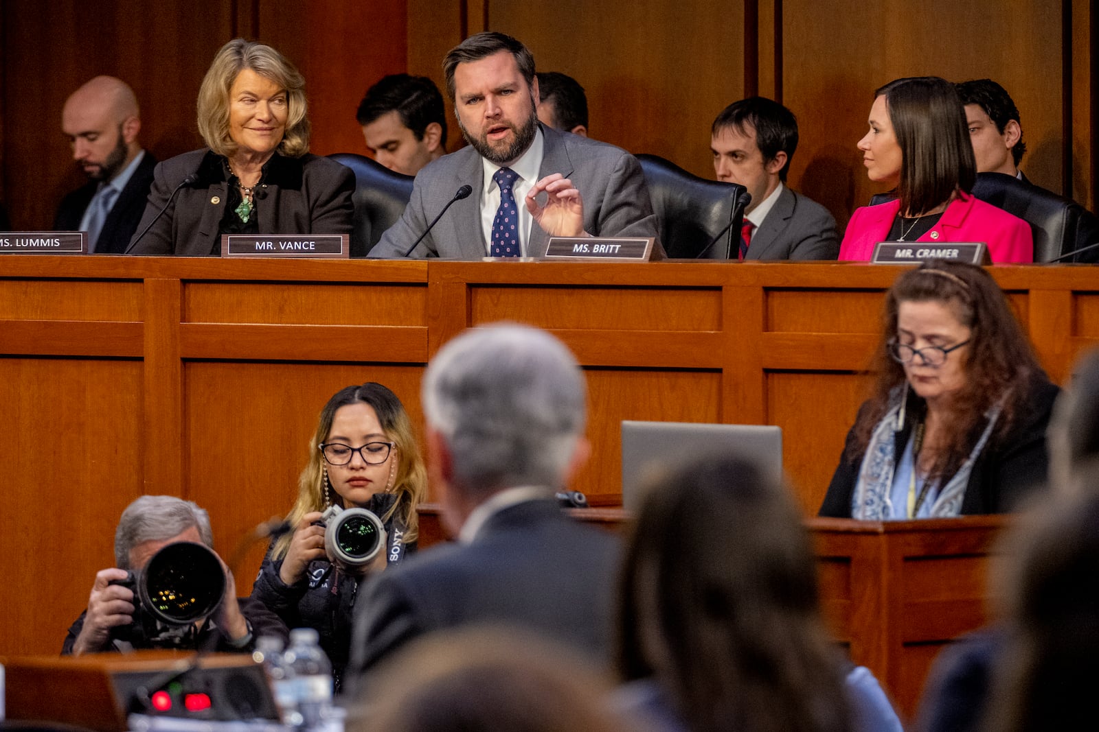 FILE - Sen. JD Vance, R-Ohio, center speaks during a Senate Banking Committee hearing on Capitol Hill in Washington, March 7, 2023. (AP Photo/Andrew Harnik, File)