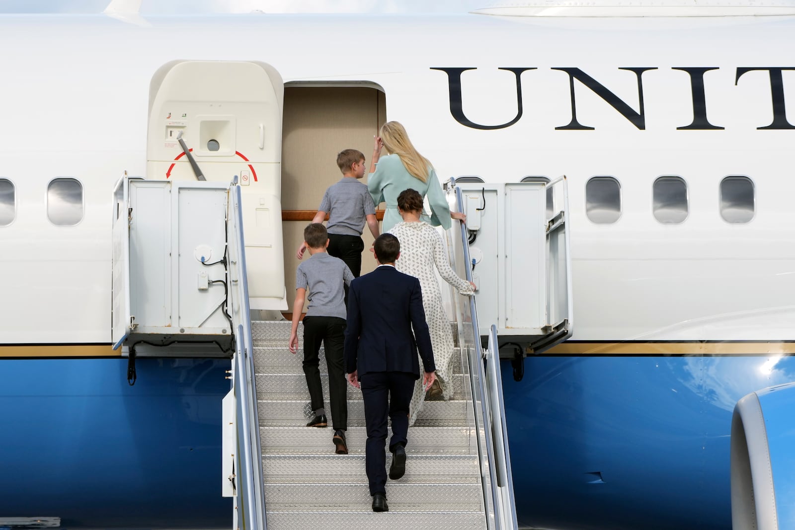 Ivanka Trump, Jared Kushner and family, arrive to board an Air Force Special Air Mission airplane as it stands ready for President-elect Donald Trump to arrive at Palm Beach International Airport Saturday, Jan. 18, 2025 in West Palm Beach, Fla., for travel to Washington. (AP Photo/Lynne Sladky)