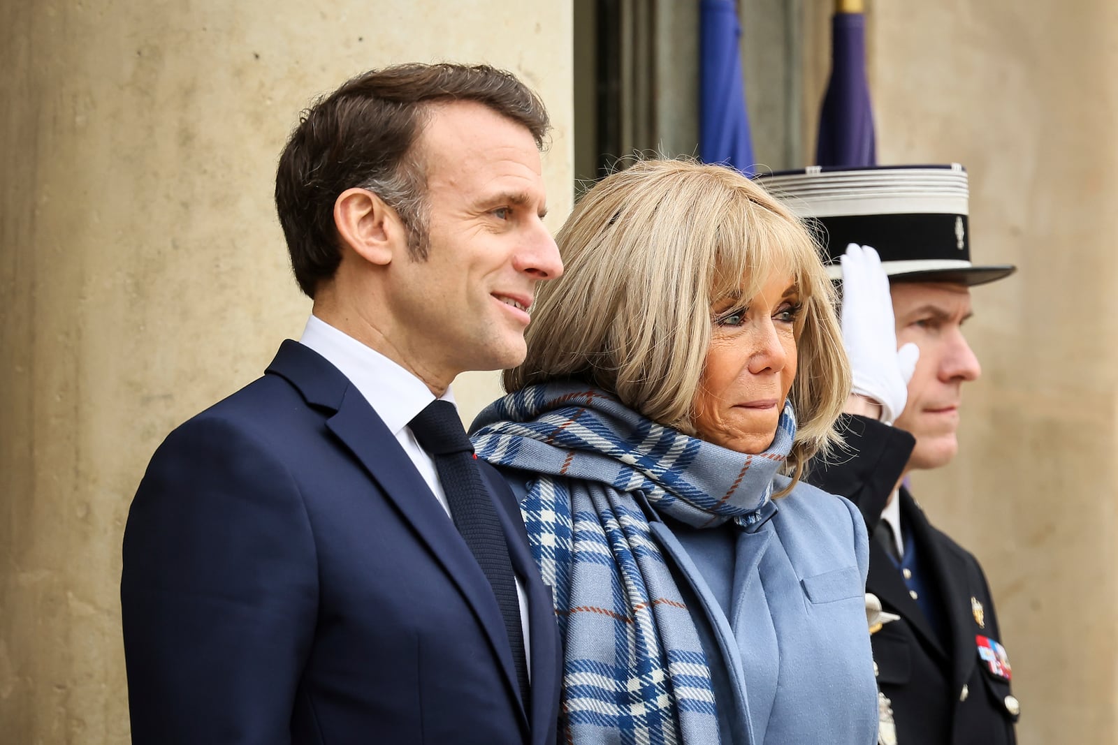 French President Emmanuel Macron and Brigitte Macron wait for the arrival of United States Vice-President JD Vance and second lady Usha Vance during a working lunch at the Elysee Palace during an event on the sidelines of the Artificial Intelligence Action Summit in Paris, Tuesday, Feb. 11, 2025. (AP Photo/Thomas Padilla)