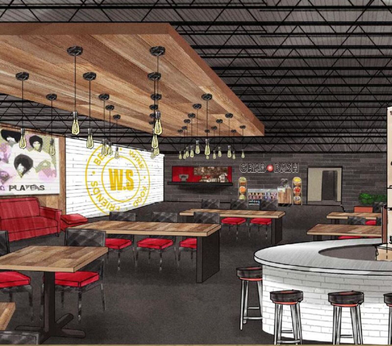 The Wright Dunbar Food Hall project at 1100 W. Third St. is projected to include outdoor seating and entertainment as well as food vendors. Source: Dillin