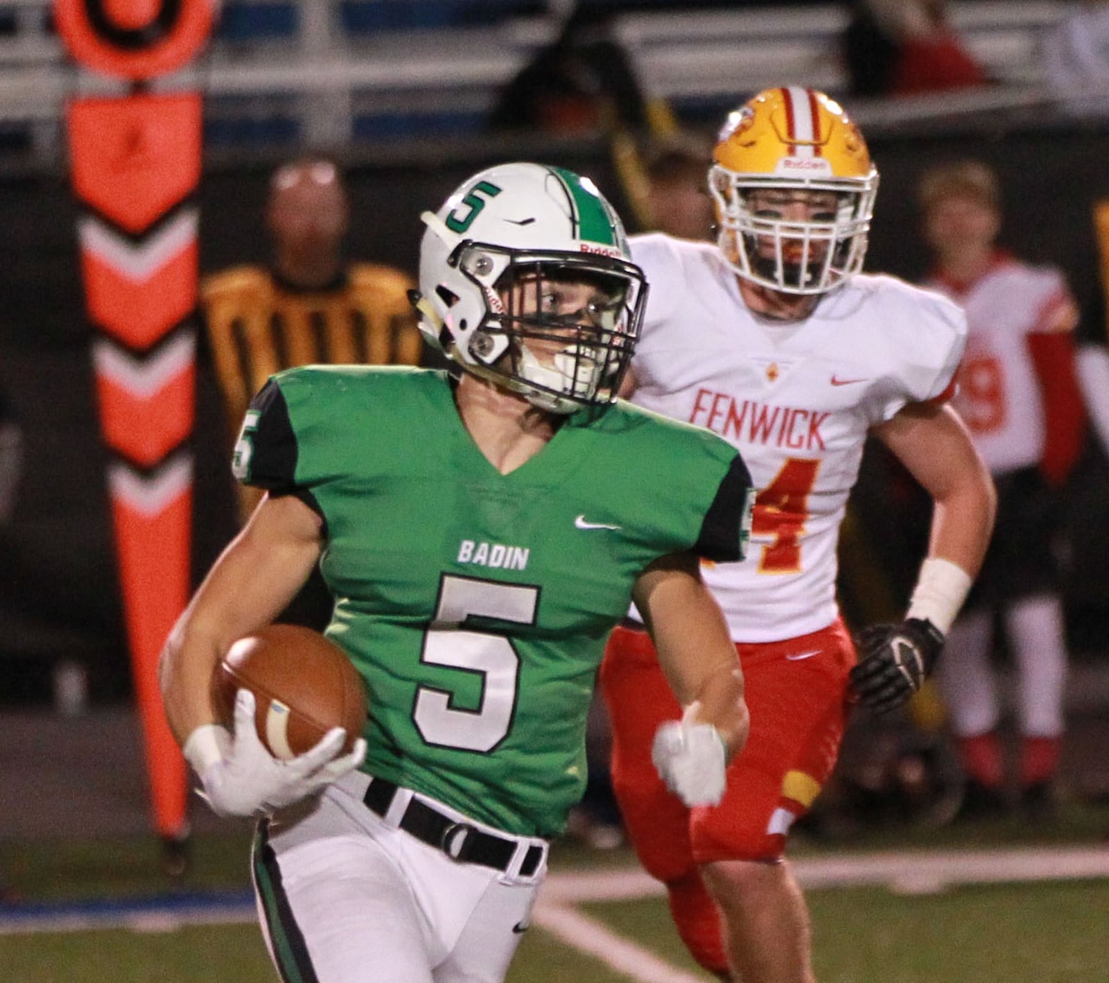 Marshal Flaig of Badin turns the corner. Badin defeated visiting Fenwick 34-6 in a Week 8 high school football game at Virgil Schwarm Stadium on Friday, Oct. 18, 2019. MARC PENDLETON / STAFF