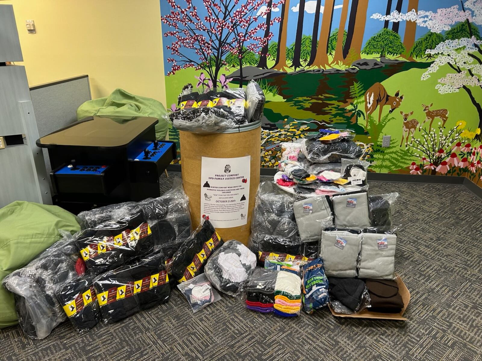 The Montgomery County Prosecutor's Office and Dayton Police Department helped collect nearly 1,000 cold-weather items for victims and survivors of domestic violence through a joint initiative, Project Comfort. Donation barrels were placed across Dayton for people to donate winter hats, gloves and socks. Photo courtesy the Montgomery County Prosecutor's Office.