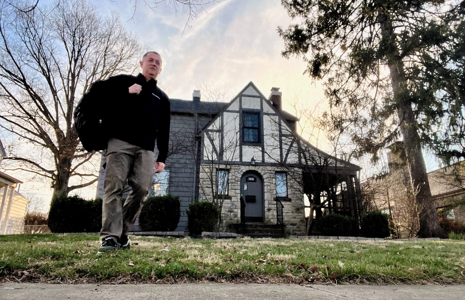 David Jablonski is pictured outside his house in Bexley, Ohio, on his way to Brooklyn, N.Y, for the A-10 tournament on Wednesday, March 13, 2024.